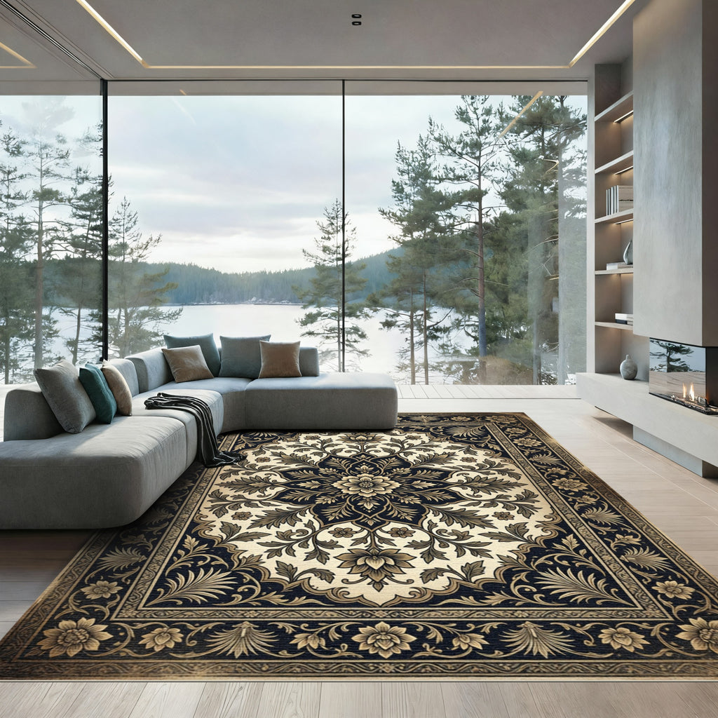 Classic Floral Medallion Cream Navy Rug