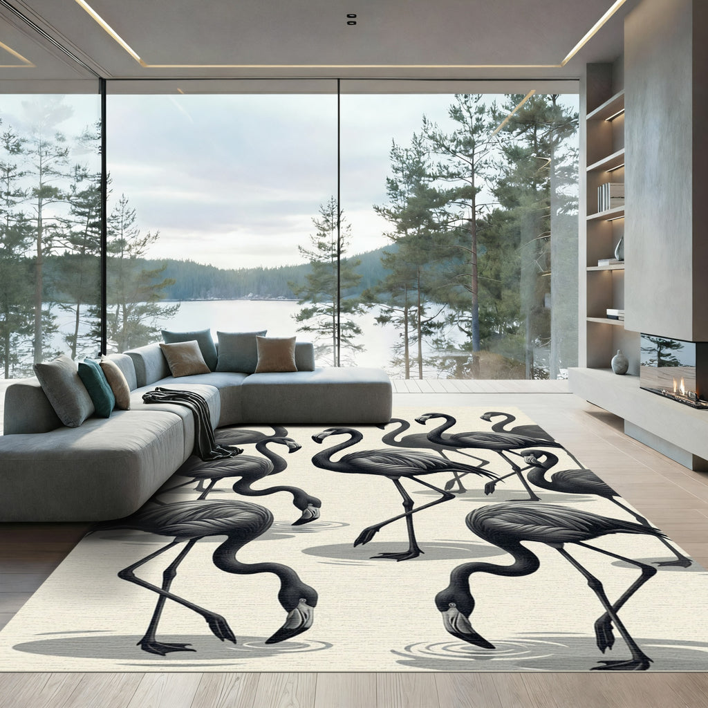 Monochrome Flamingo Flock Minimalist Illustration Rug