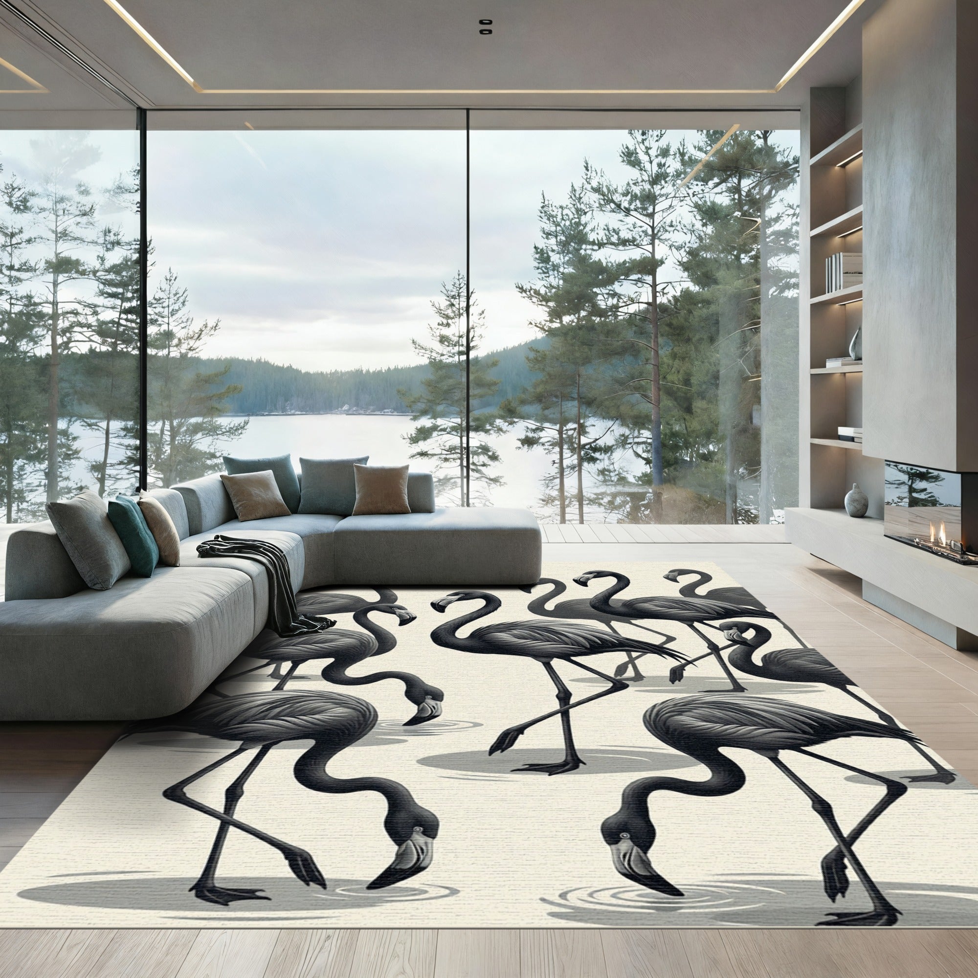Monochrome Flamingo Flock Minimalist Illustration Rug