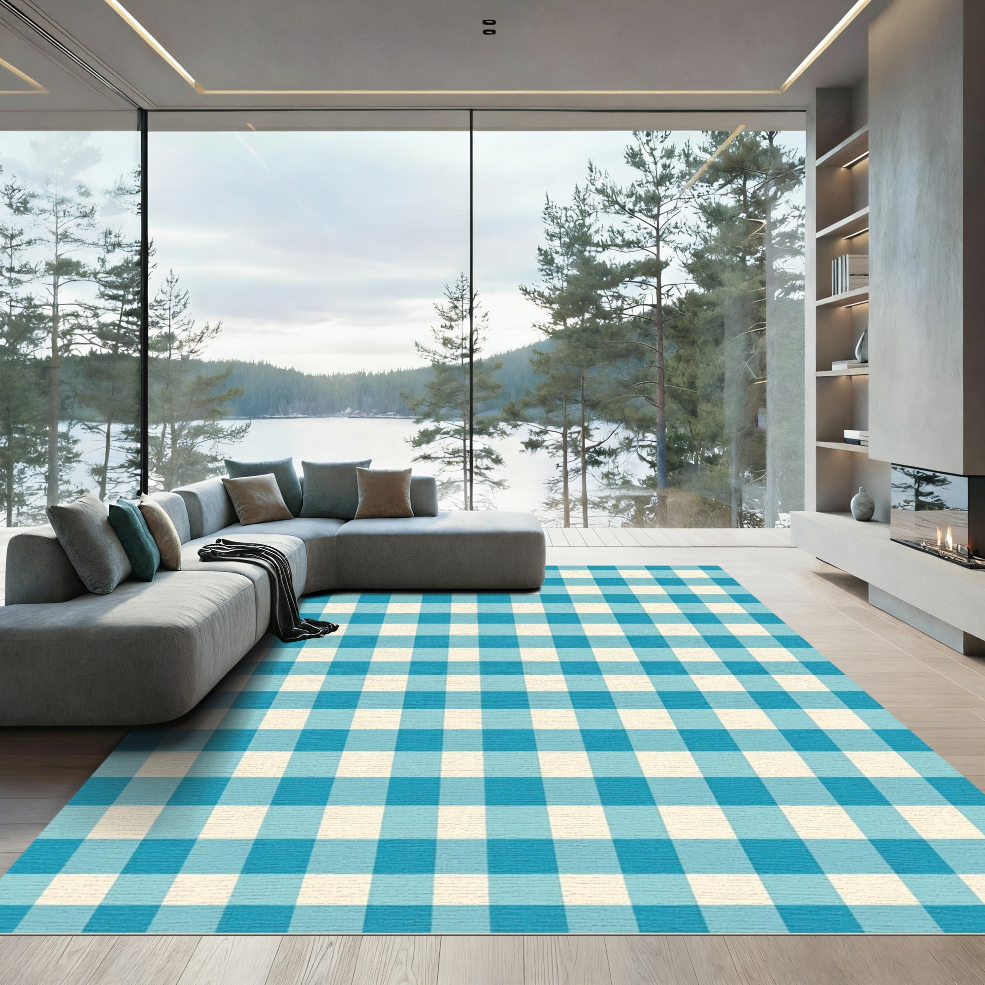 Classic Aqua Gingham Checkered Grid Rug
