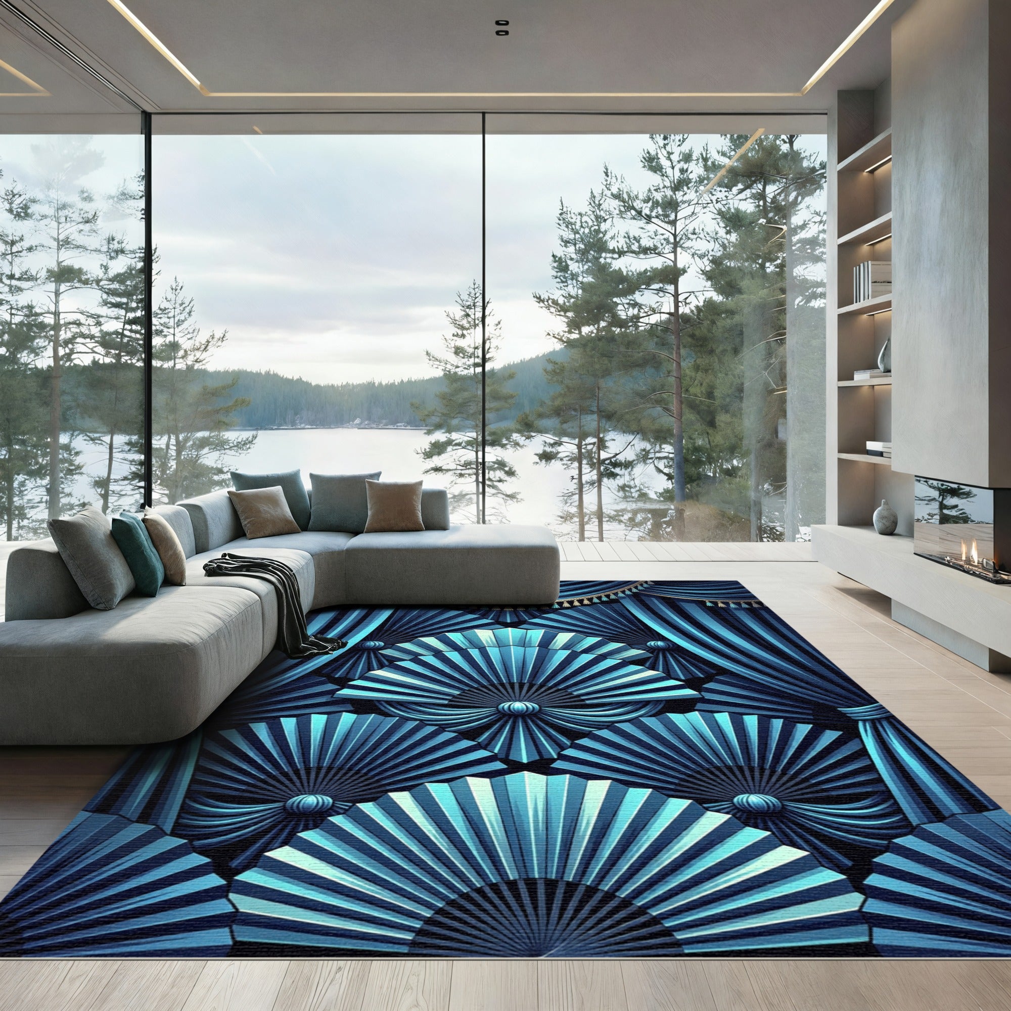 Deep Blue Fan Drape Art Rug
