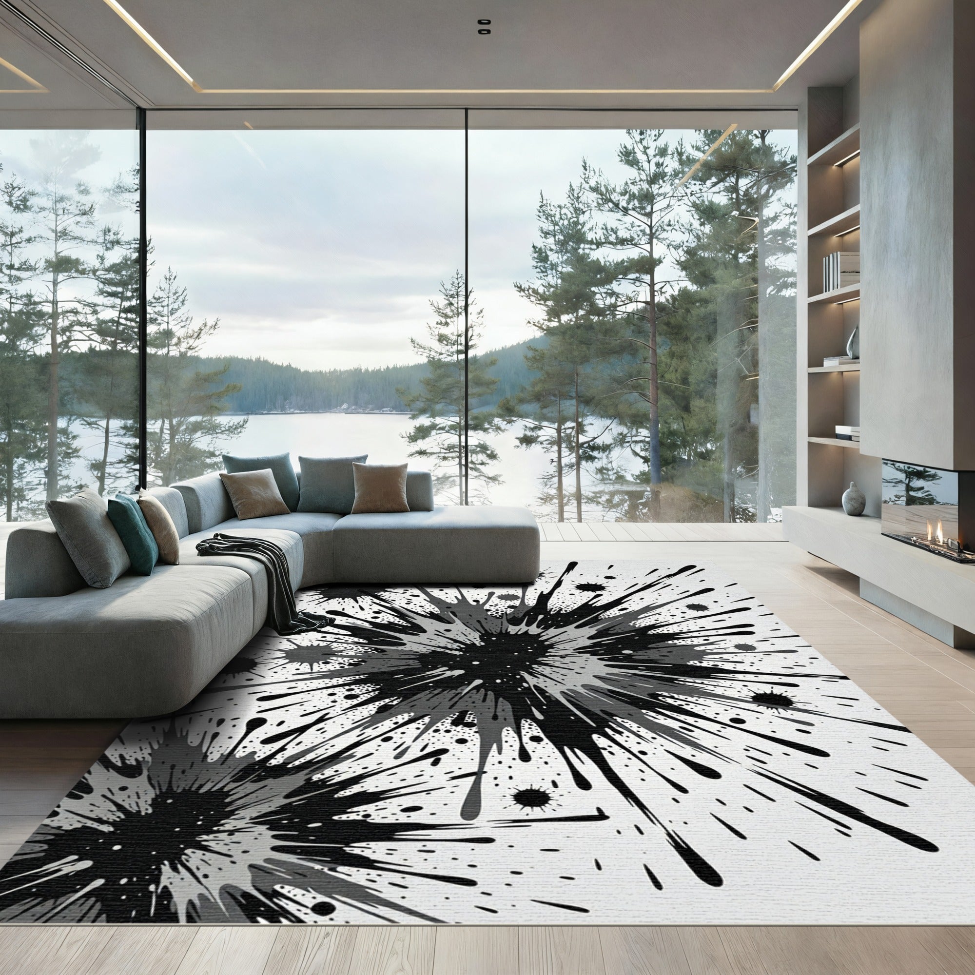 Monochrome Splatter Explosion Abstract Rug