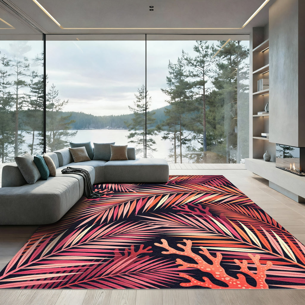 Pink Coral Palm Frond Scene Rug