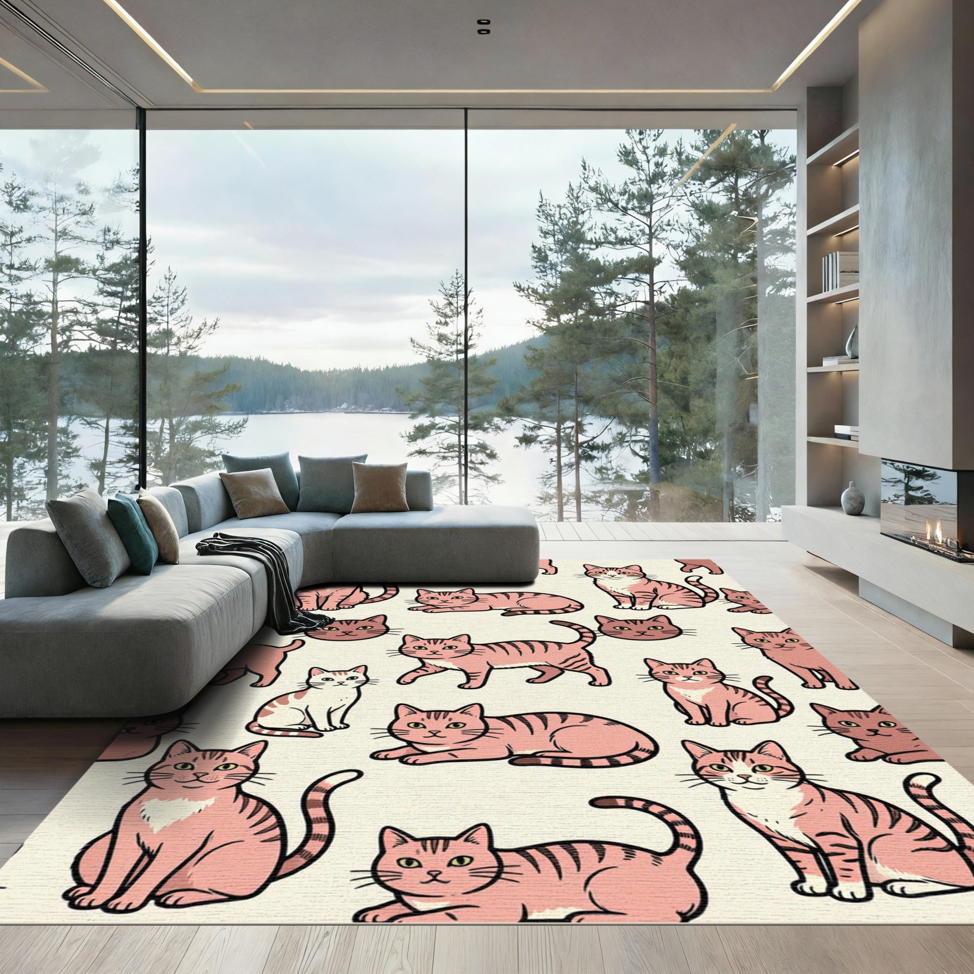 Whimsical Blush Pink Tabby Cat Illustration Rug