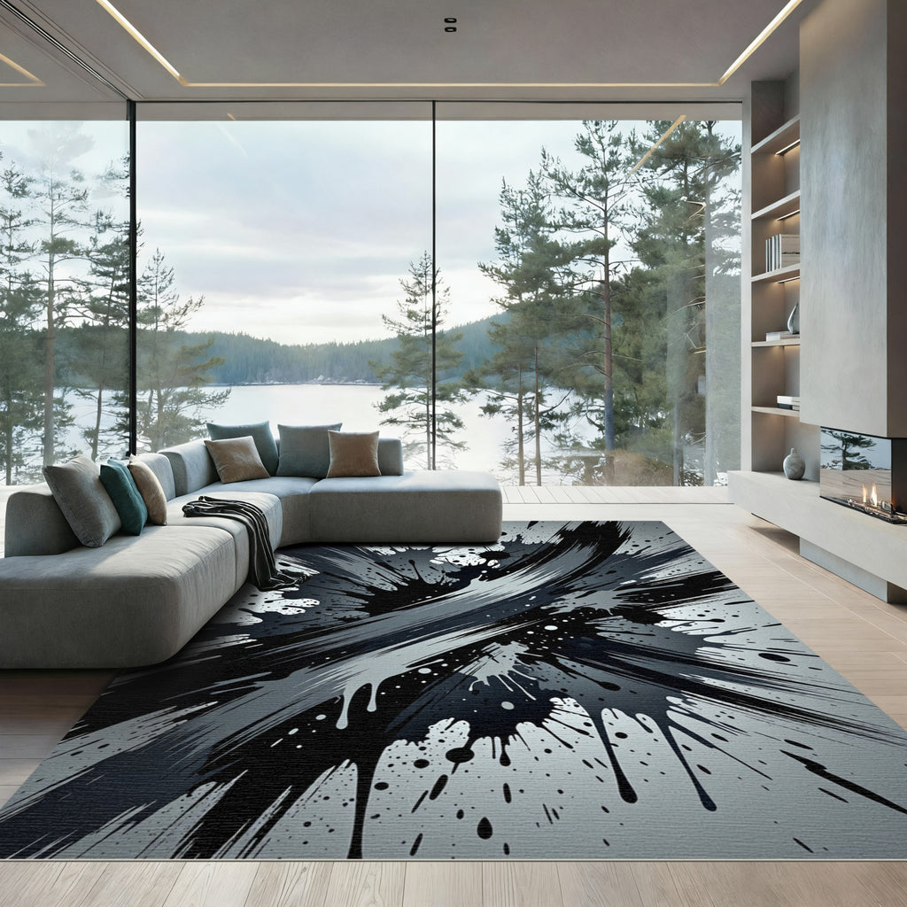 Monochromatic Abstract Black Ink Splash Rug