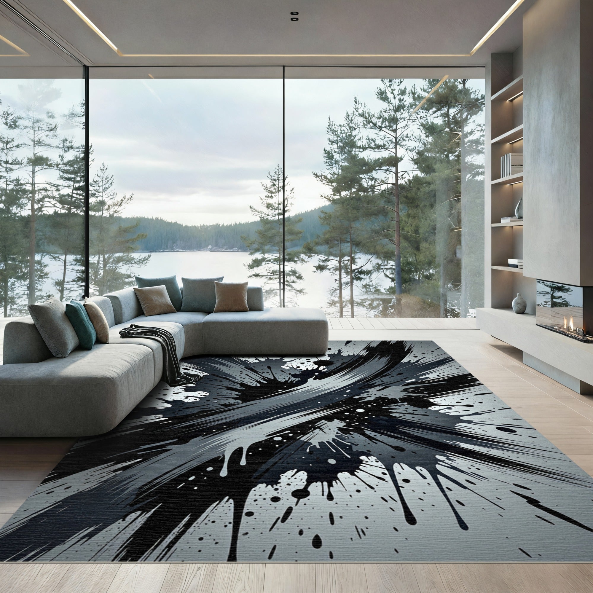 Monochromatic Abstract Black Ink Splash Rug