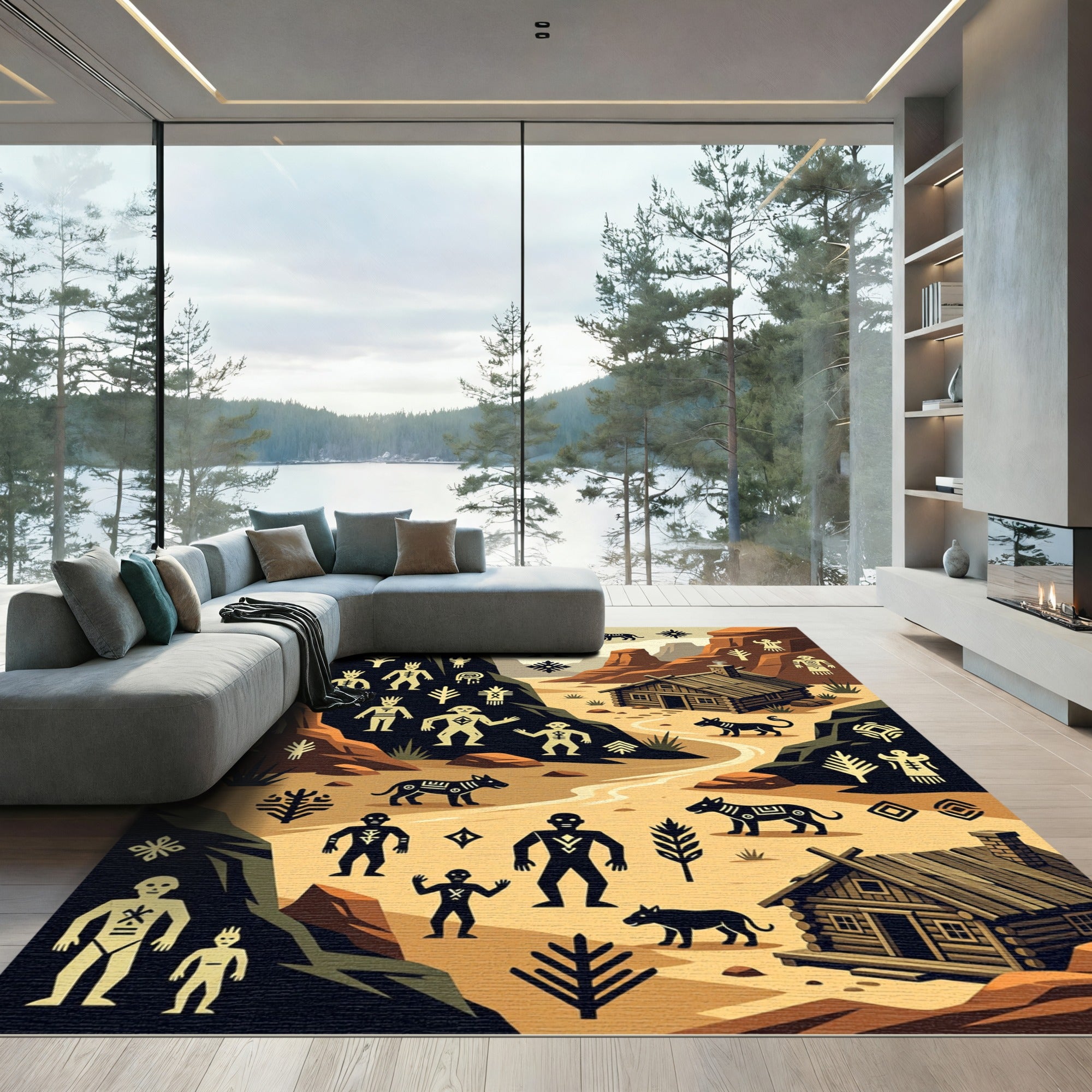 Desert Landscape Primitive Figures Houses Rug