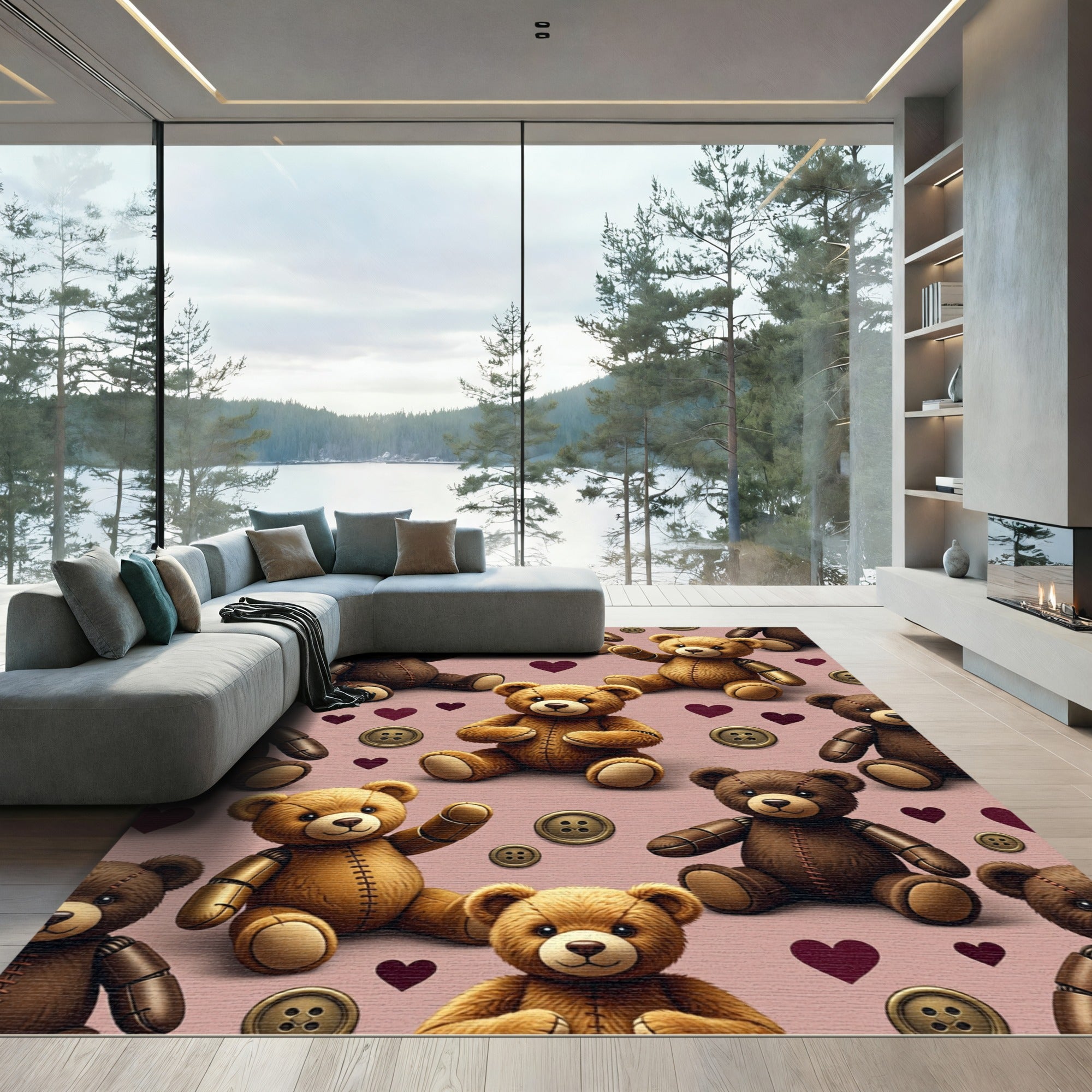 Cute Teddy Bear Button Hearts Rug