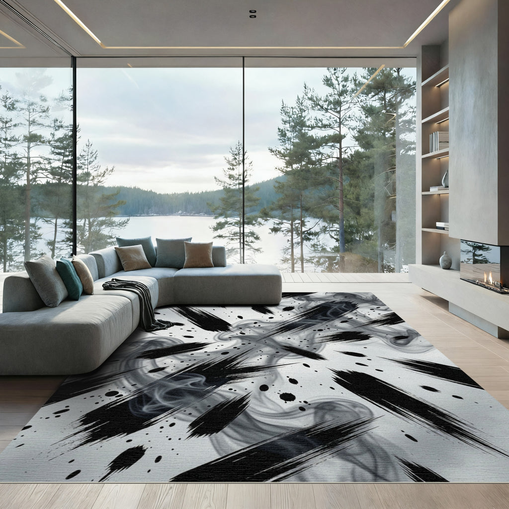 Dramatic Monochrome Abstract Ink Brush Stroke Rug