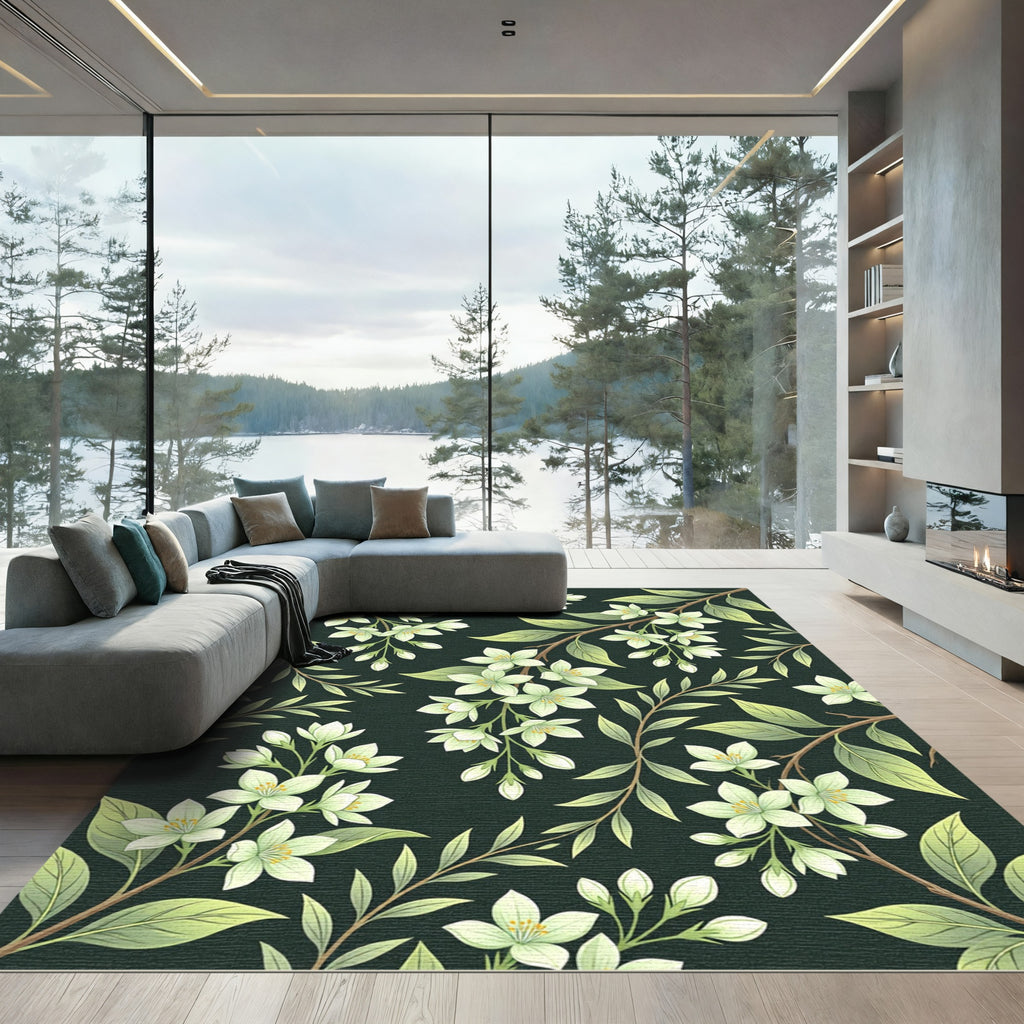 Pale Green Floral Branches Dark Background Rug