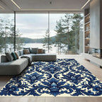 Elegant Navy Blue Damask Leaf Scroll Rug