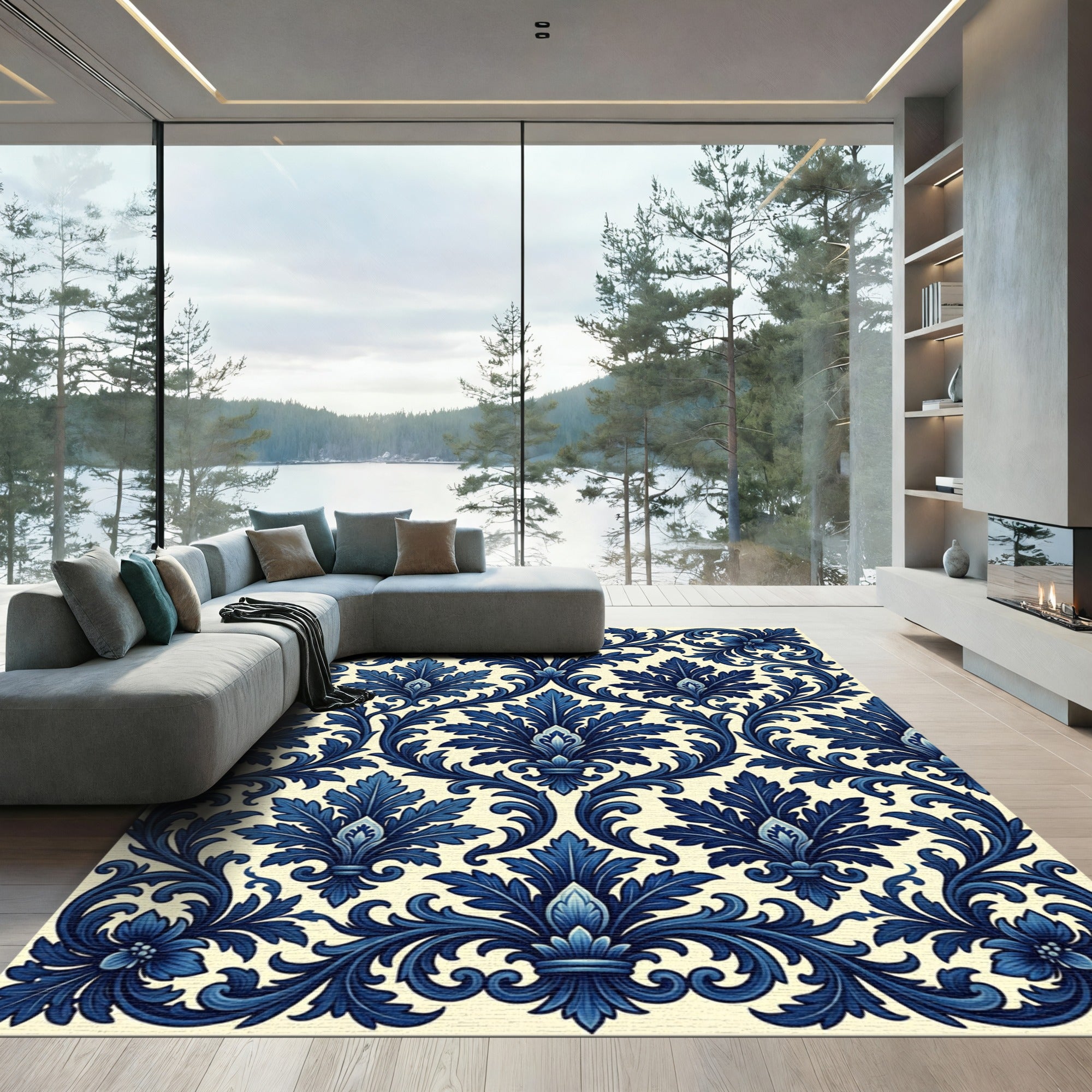 Elegant Navy Blue Damask Leaf Scroll Rug