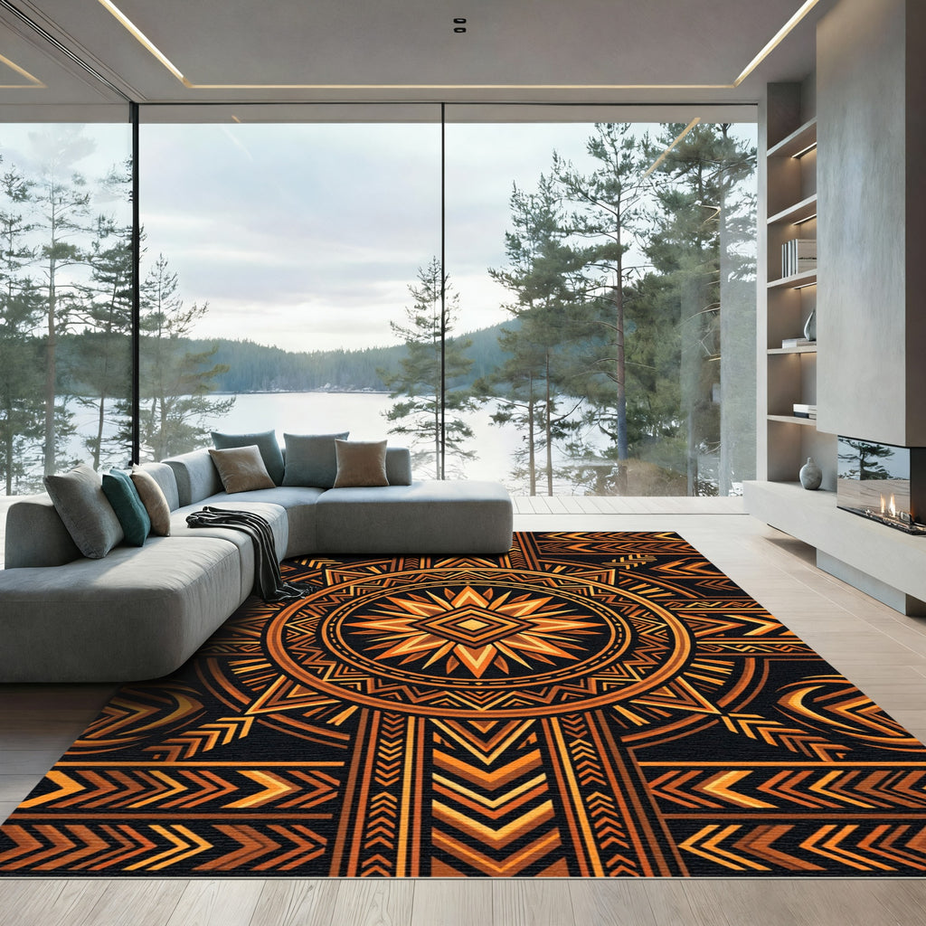 Symmetrical Amber Geometric Sunburst Rug