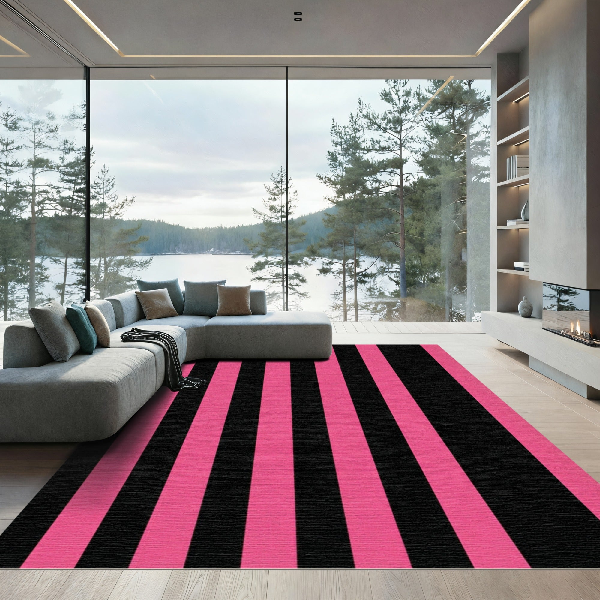 Bold Hot Pink Black Vertical Stripes Rug