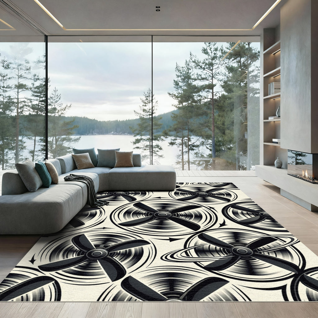 Monochrome Rotating Propeller Vortex Graphic Rug