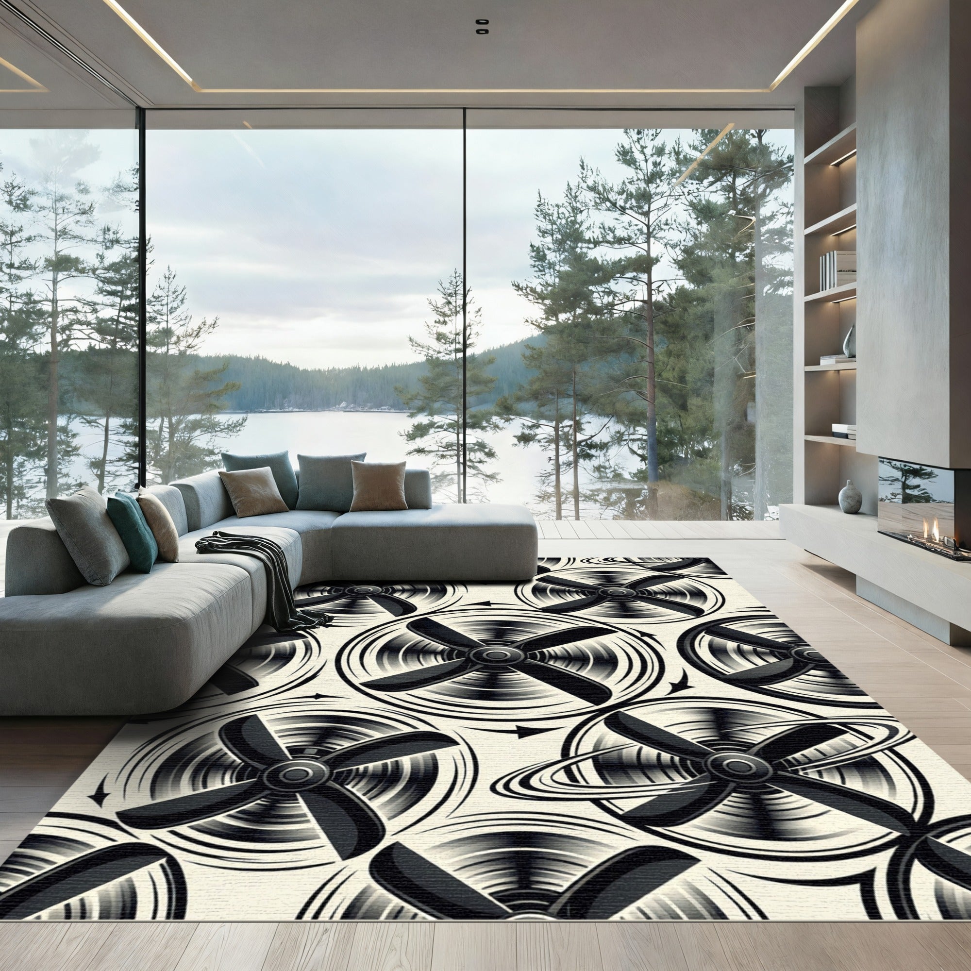 Monochrome Rotating Propeller Vortex Graphic Rug