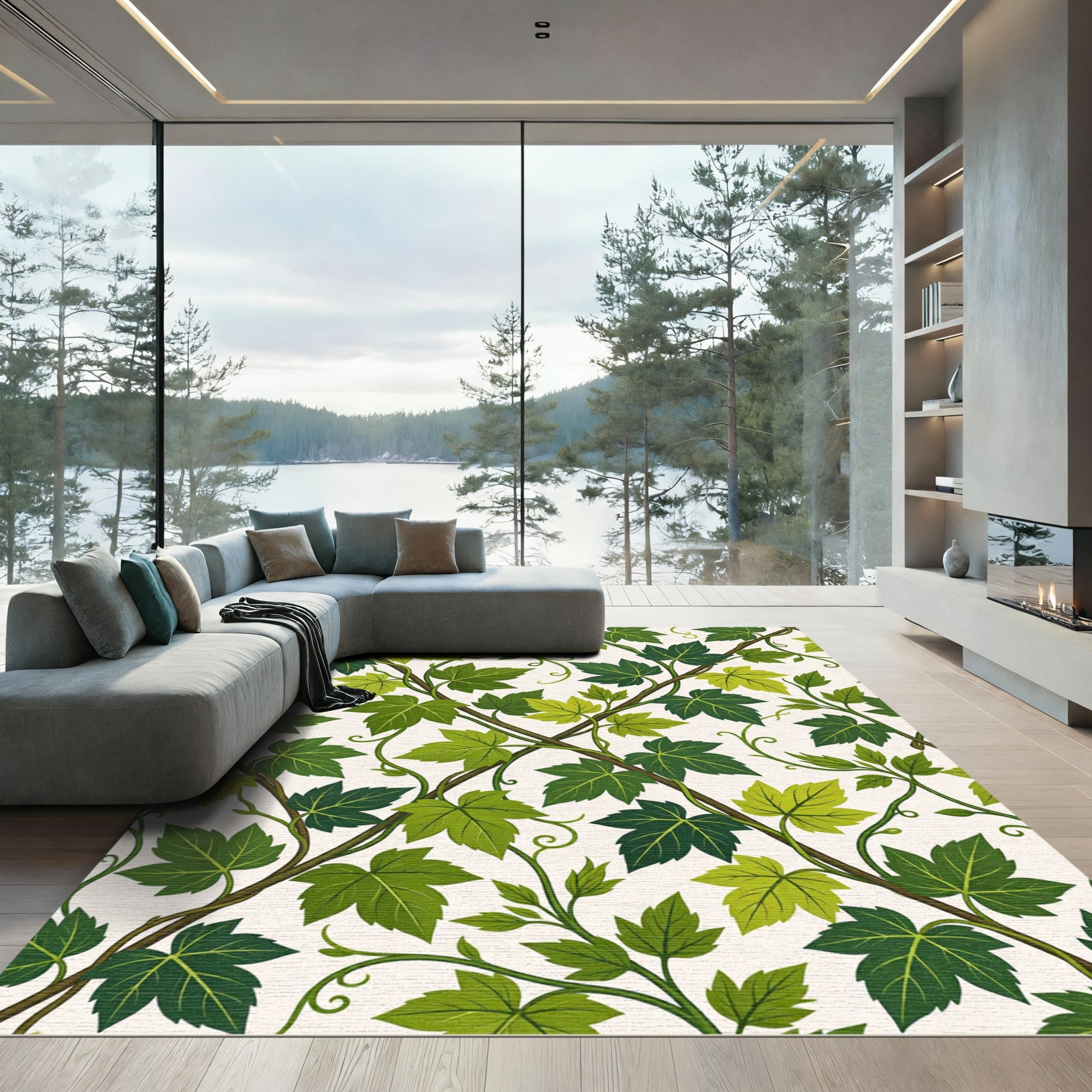 Lush Green Botanical Vine Trellis Rug