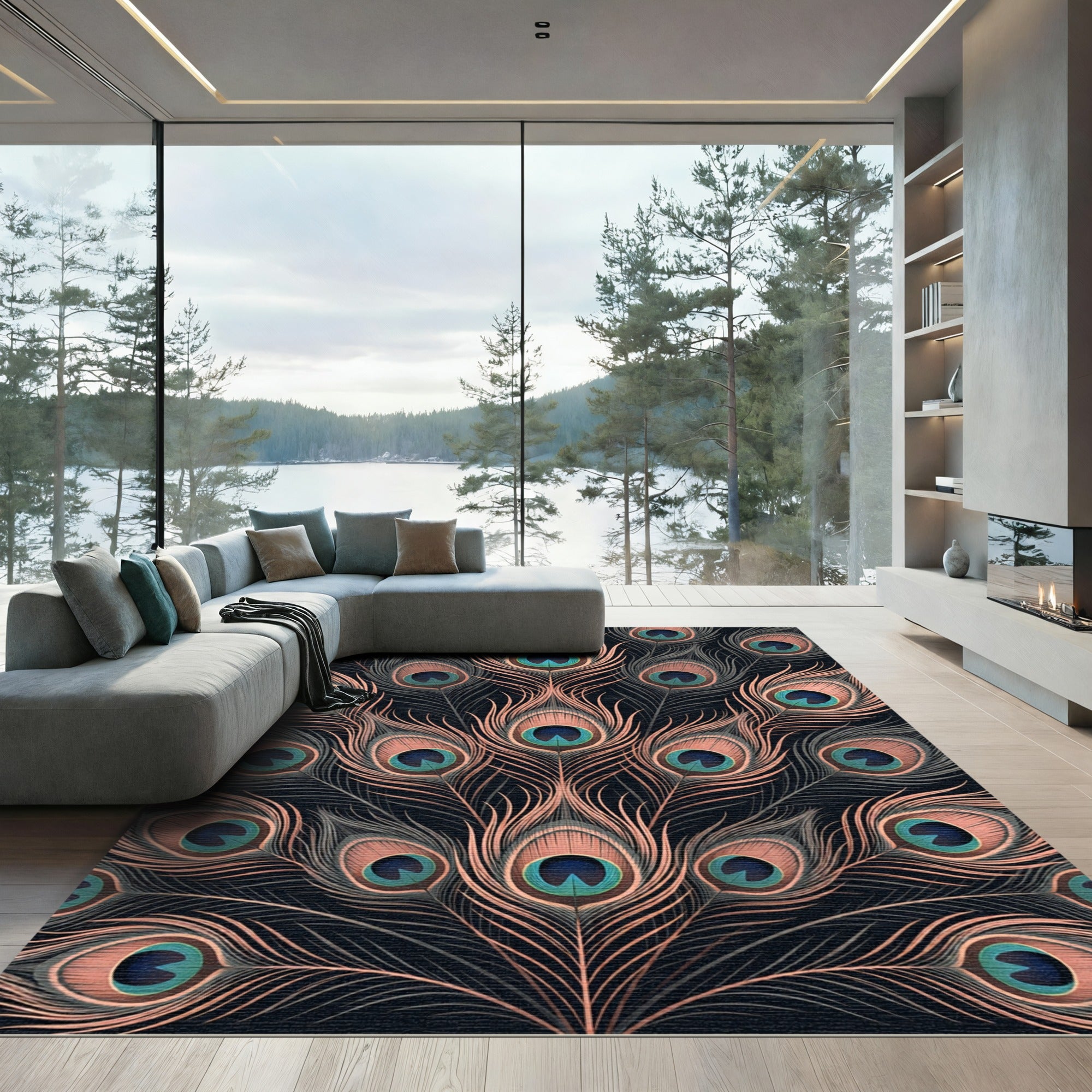 Elegant Copper Peacock Feather Art Rug