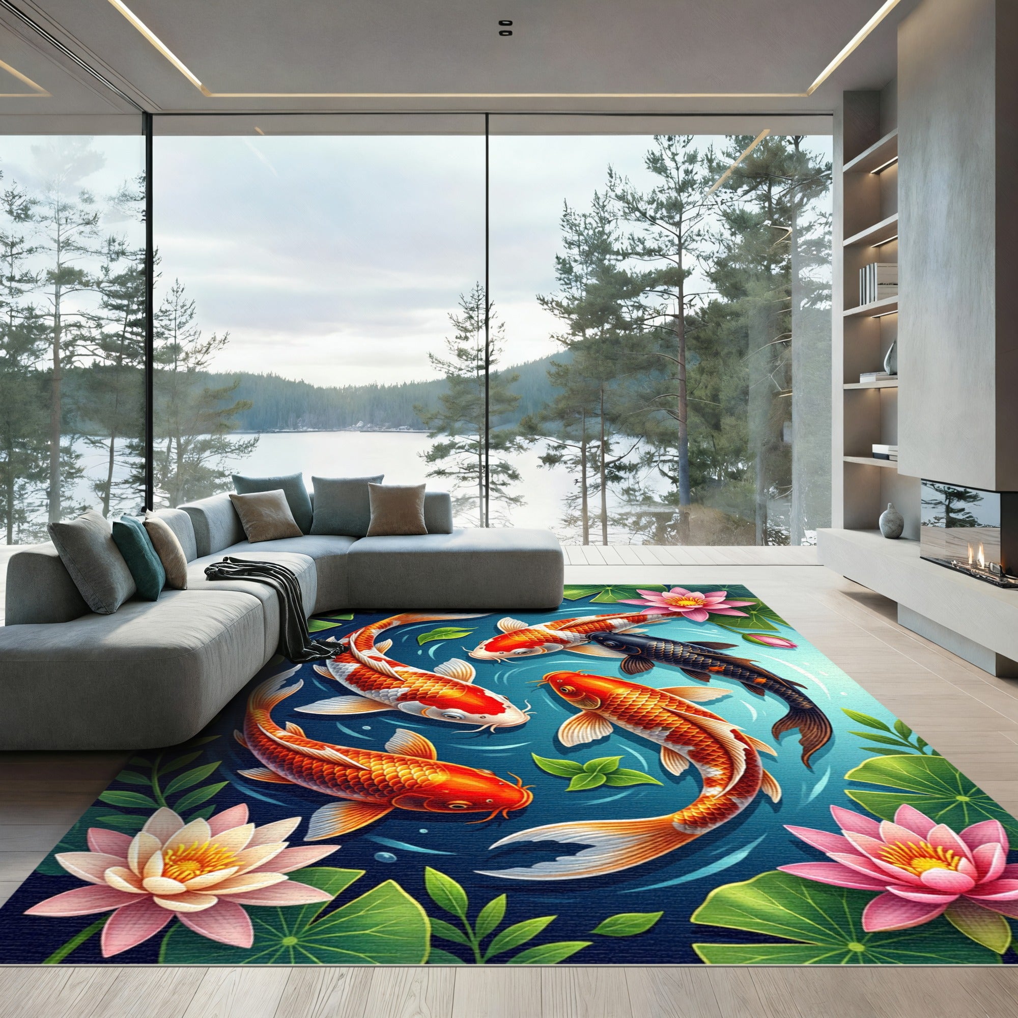 Vibrant Koi Pond Lotus Floral Art Rug