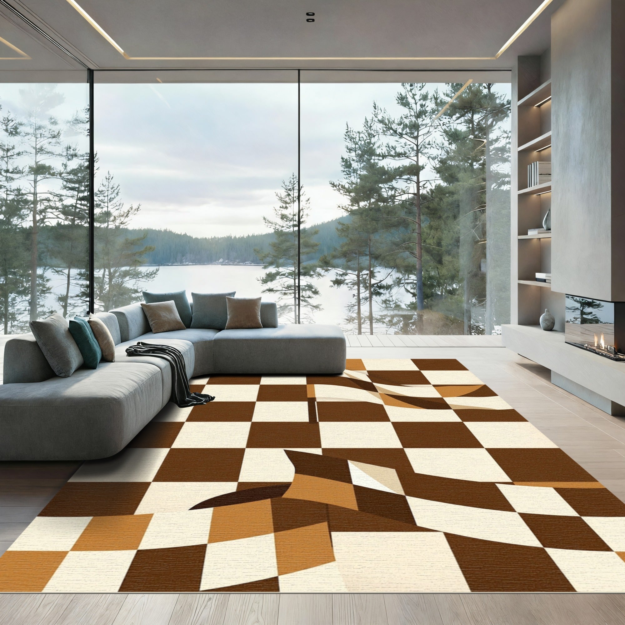 Brown Cream Checkered Flag Waves Rug