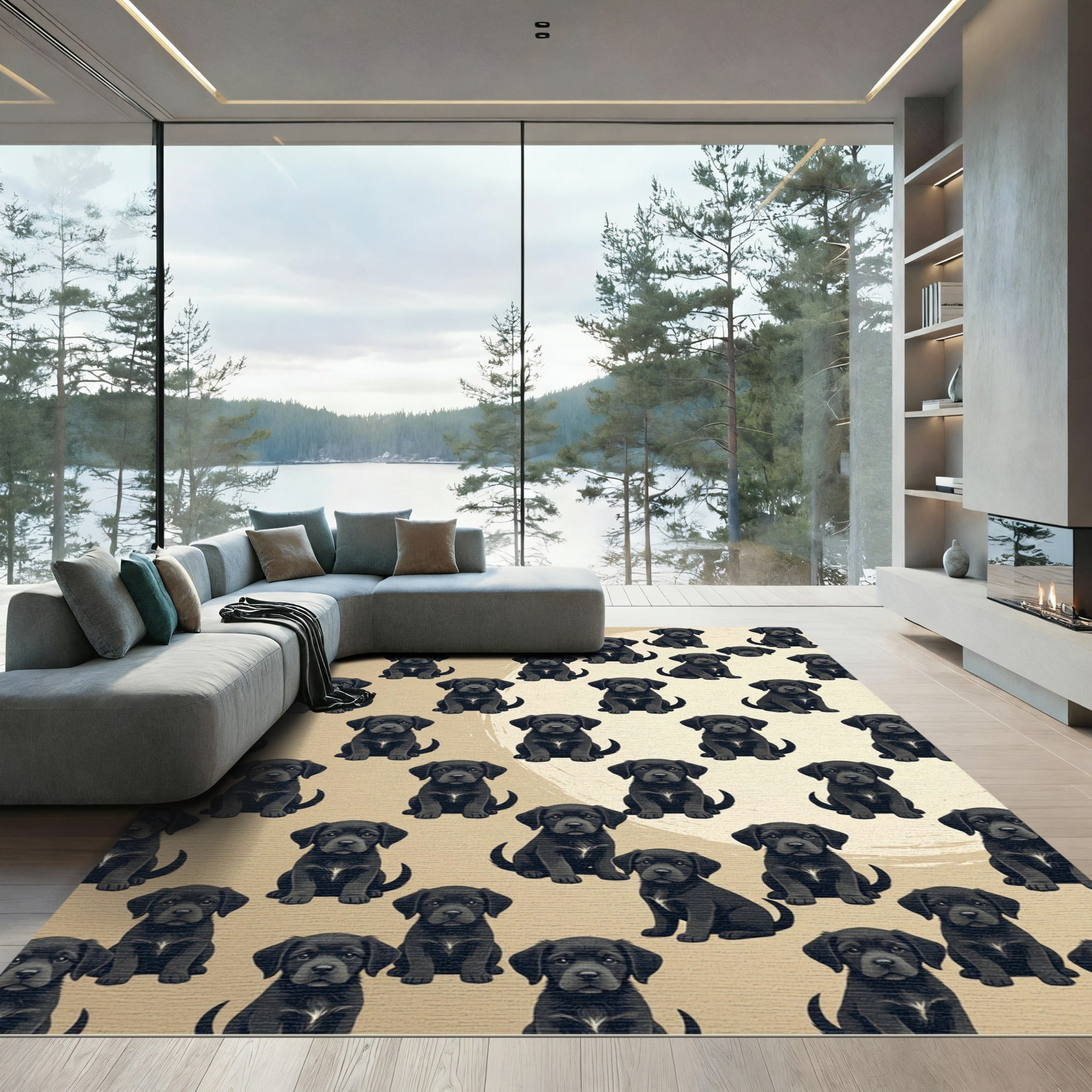 Adorable Black Labrador Puppy Medallion Gold Rug