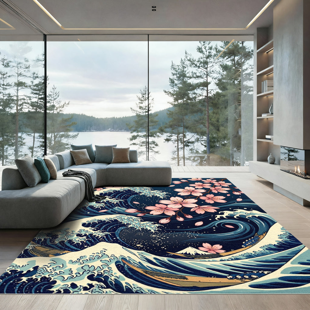 Japanese Wave and Cherry Blossom Art Rug