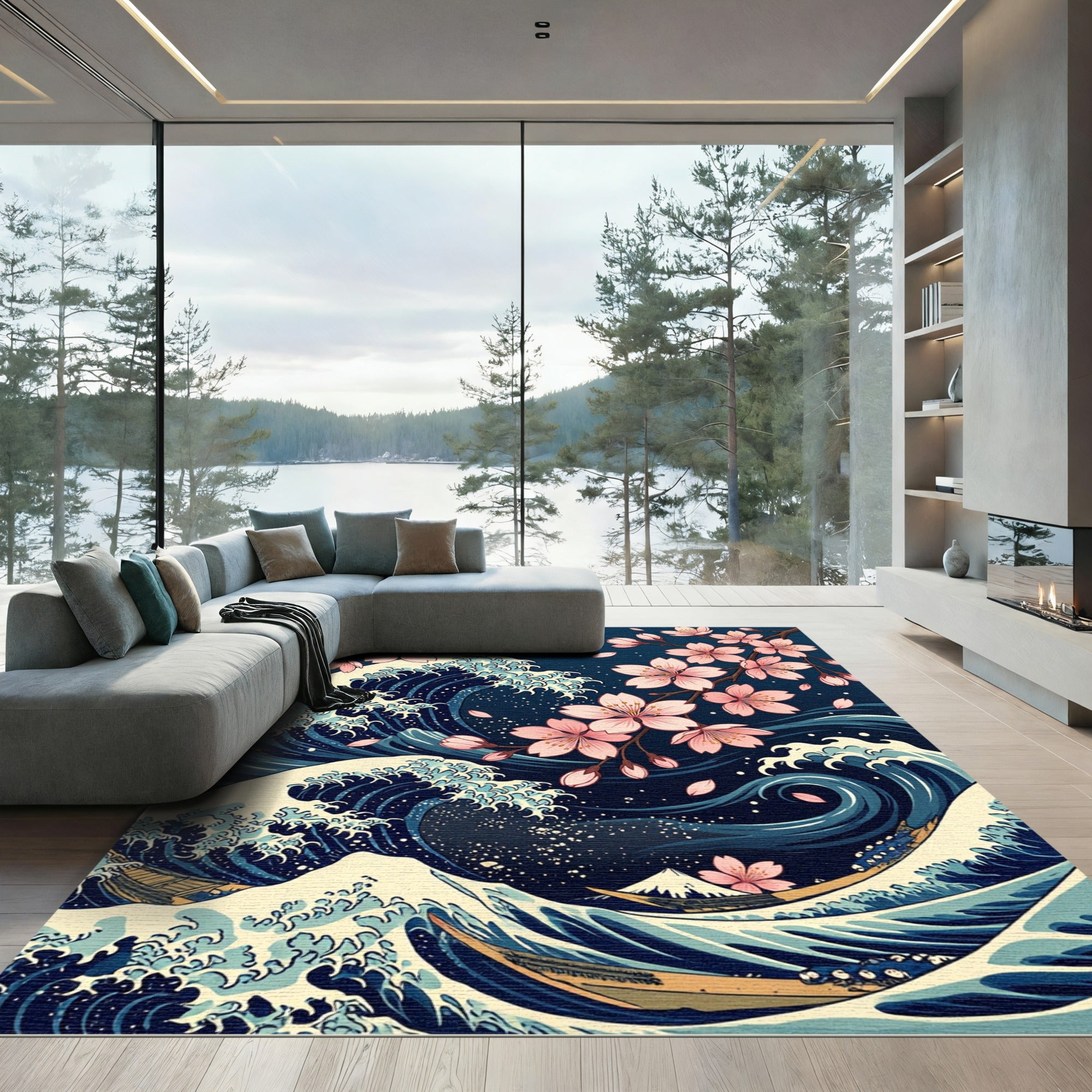 Japanese Wave and Cherry Blossom Art Rug