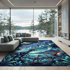 Cosmic Neon Dinosaur Northern Lights Scene Rug