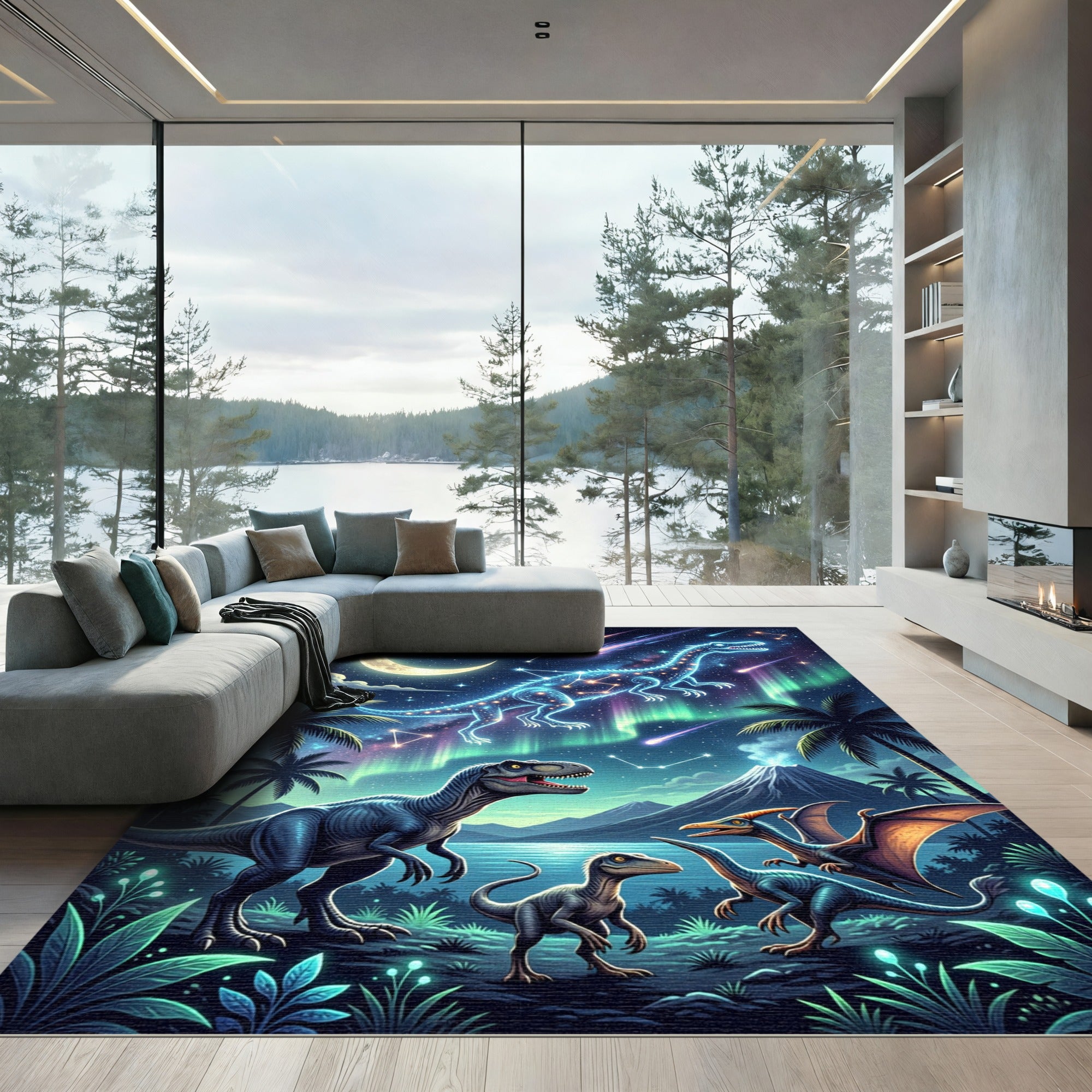 Cosmic Neon Dinosaur Northern Lights Scene Rug