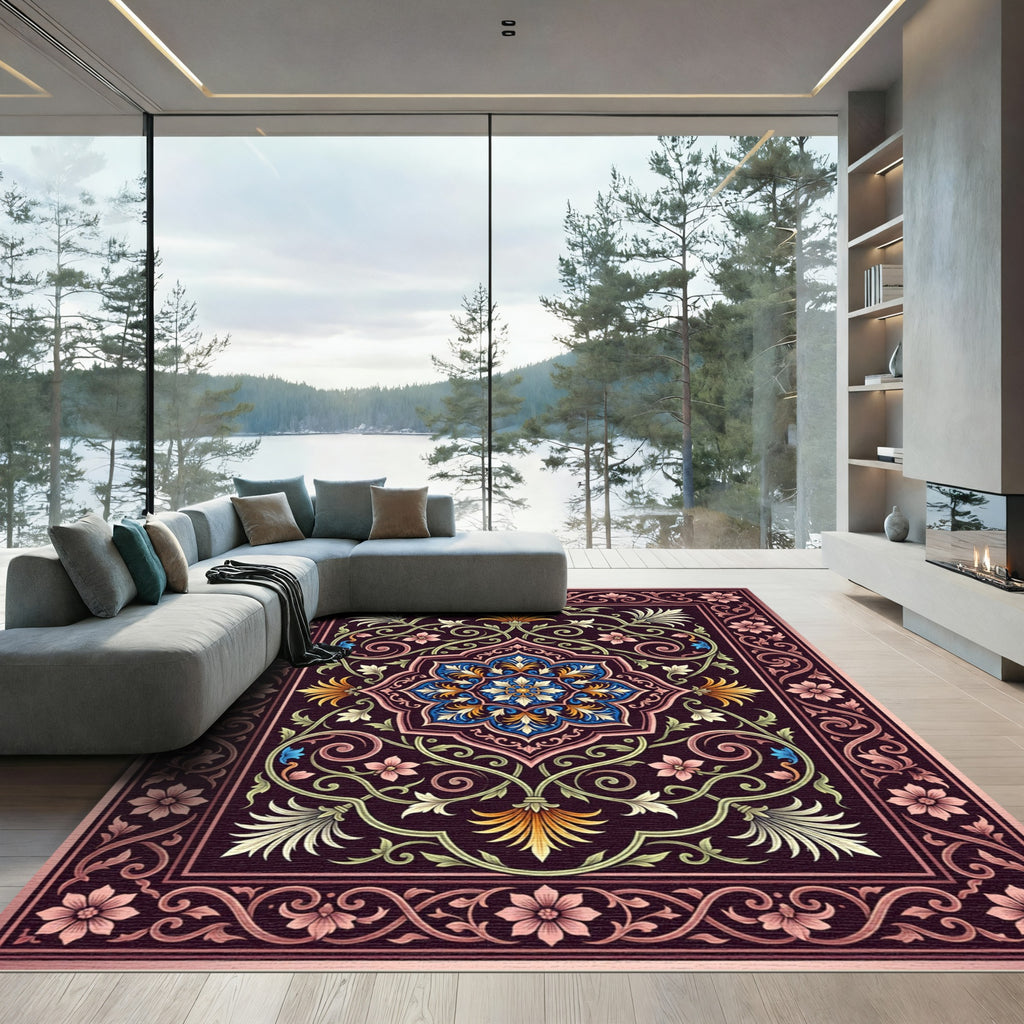 Ornate Floral Medallion Dark Plum Rug