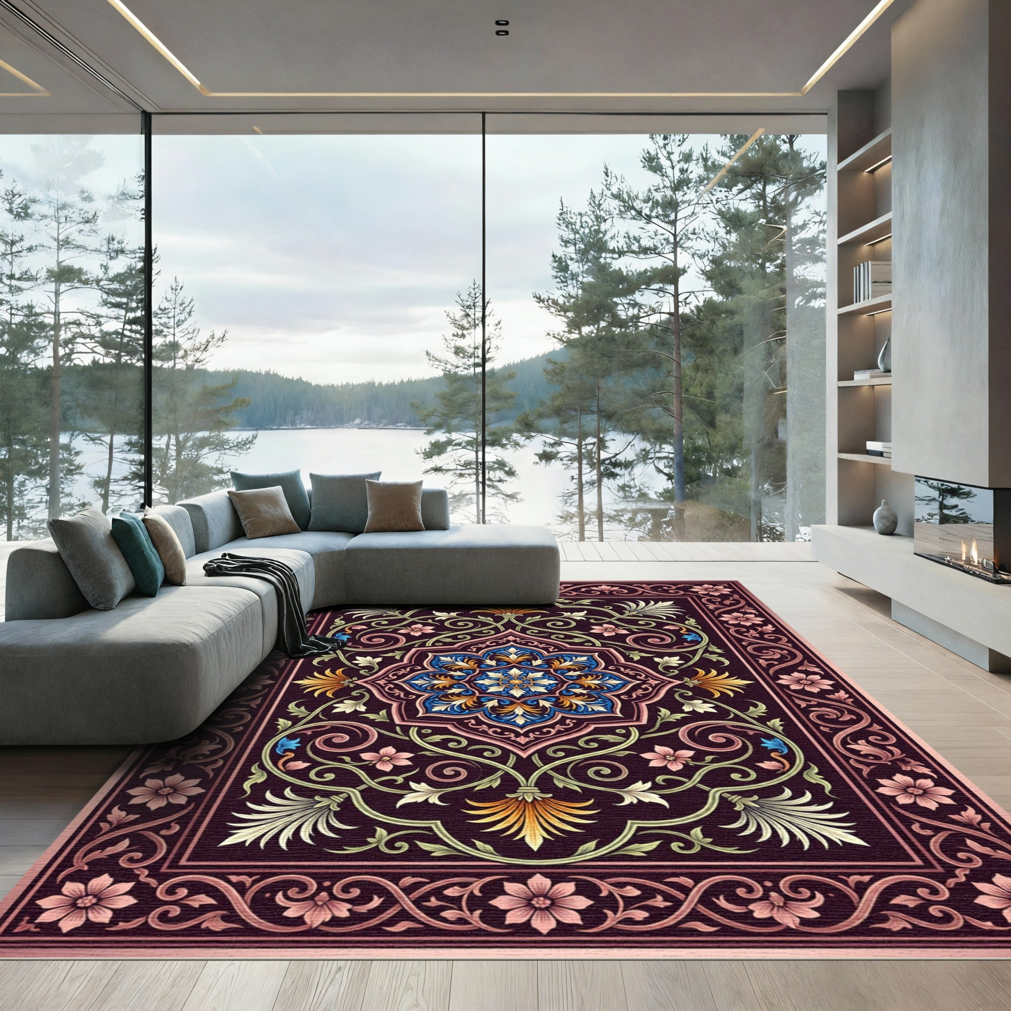 Ornate Floral Medallion Dark Plum Rug