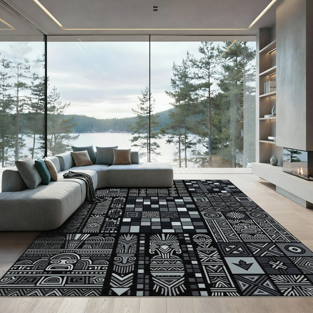 Chiseled Gray Tribal Totem Collage Rug