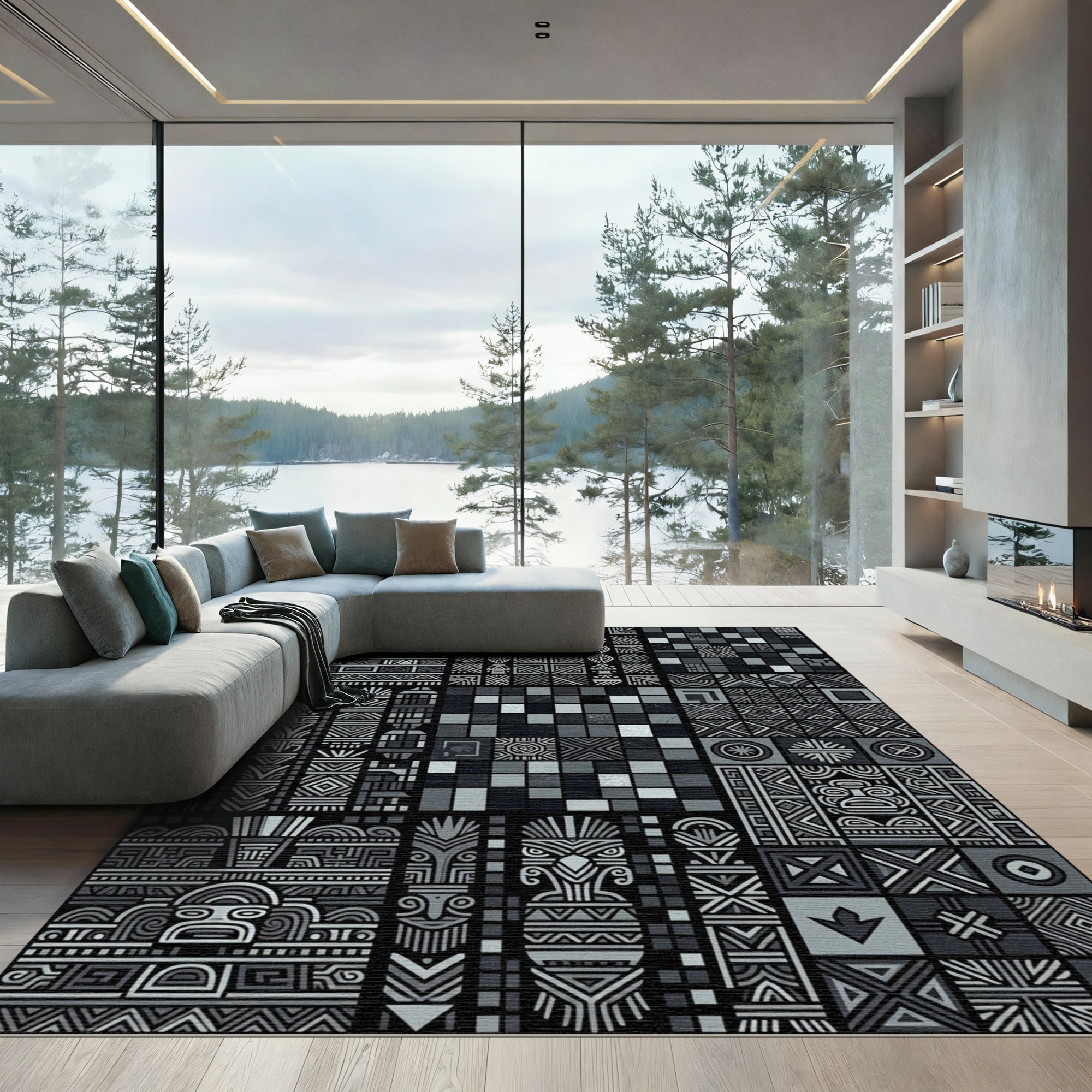 Chiseled Gray Tribal Totem Collage Rug