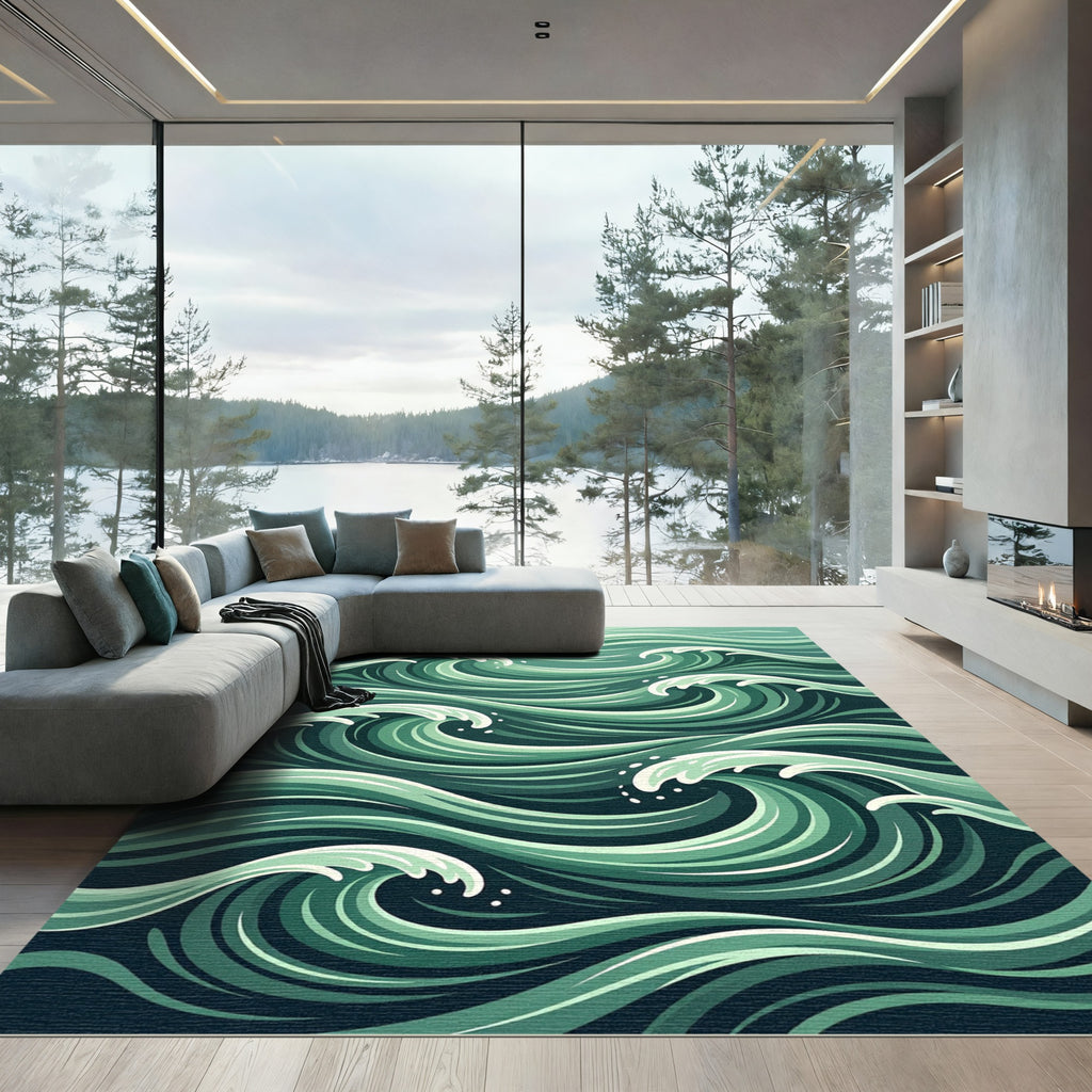 Serene Oceanic Mint Teal Wave Curve Rug