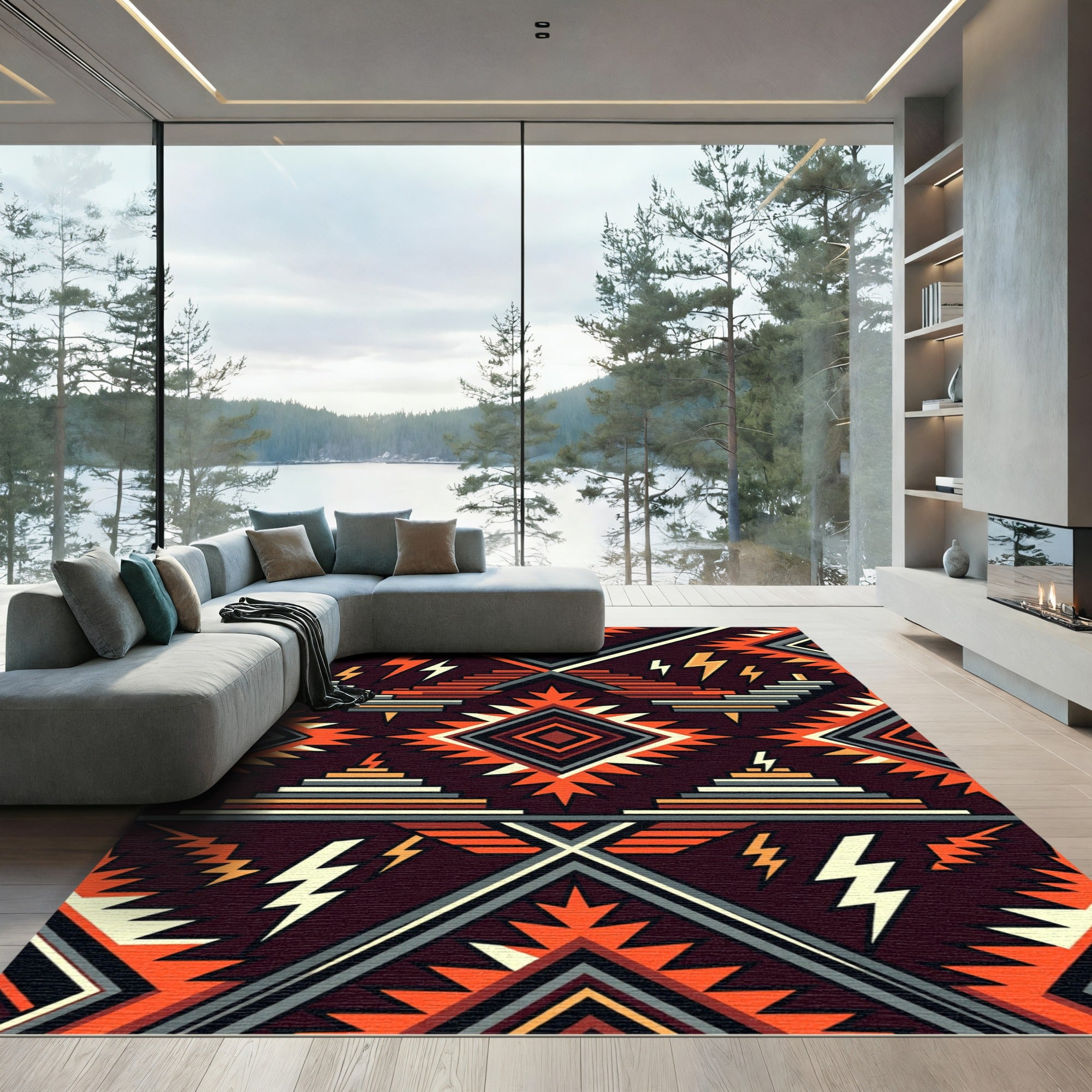 Geometric Lightning Step Chili Orange Rug