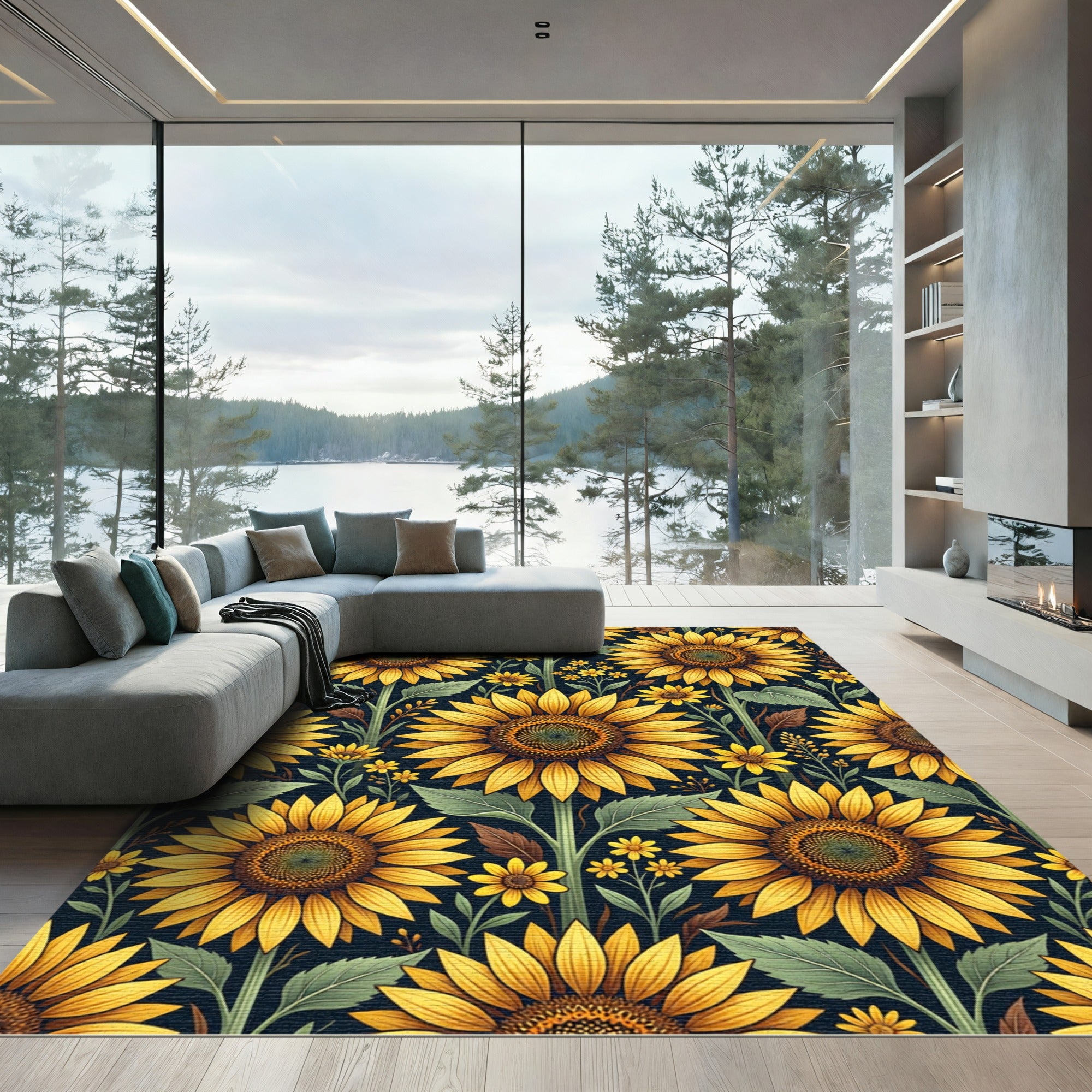 Vibrant Sunflowers on Dark Navy Background Rug