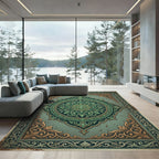 Elegant Sage Emerald Ornate Medallion Rug
