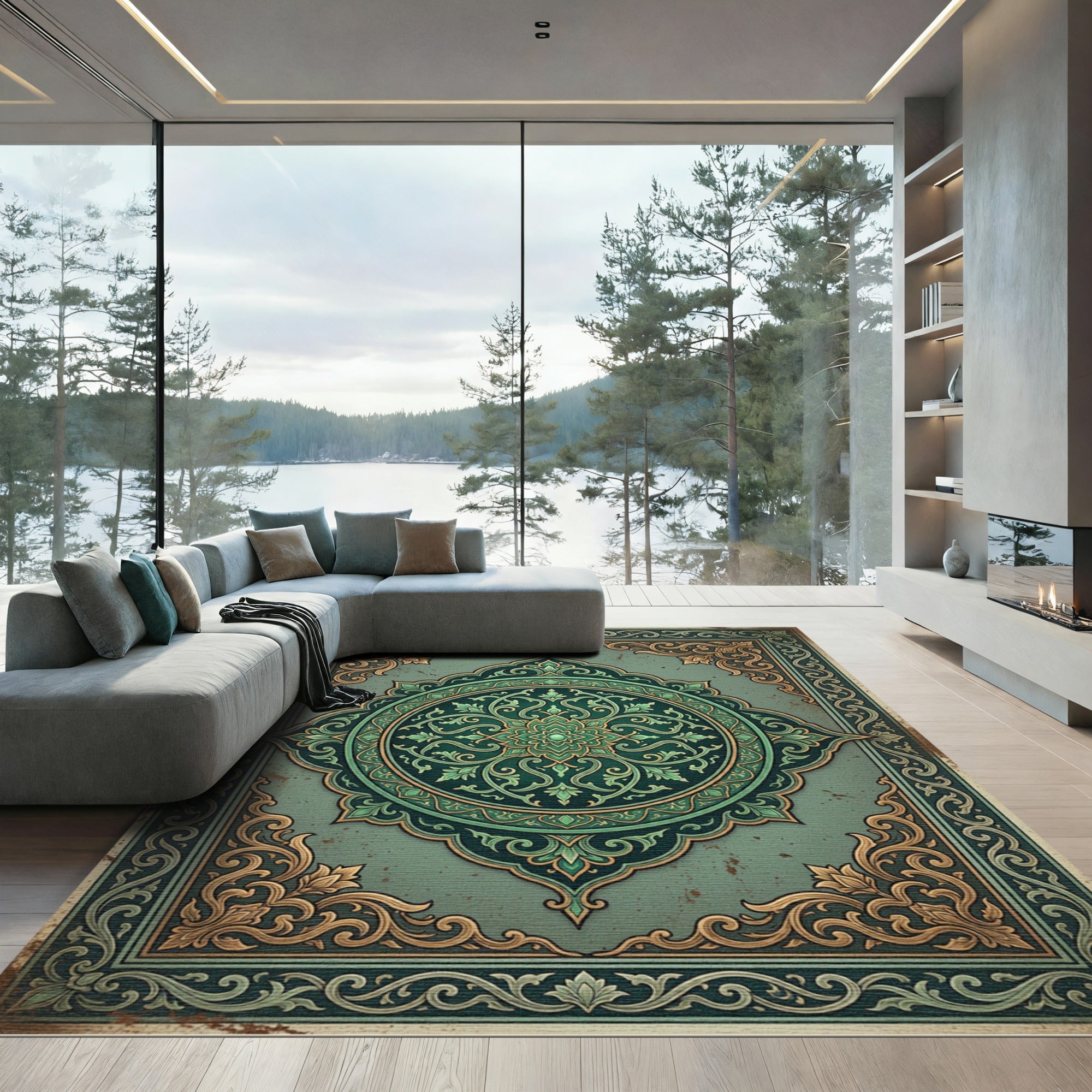 Elegant Sage Emerald Ornate Medallion Rug