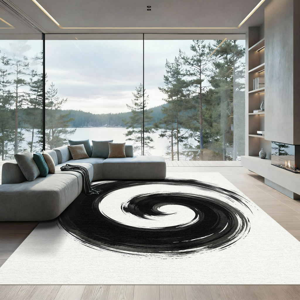 Black Ink Brush Stroke Swirl Rug