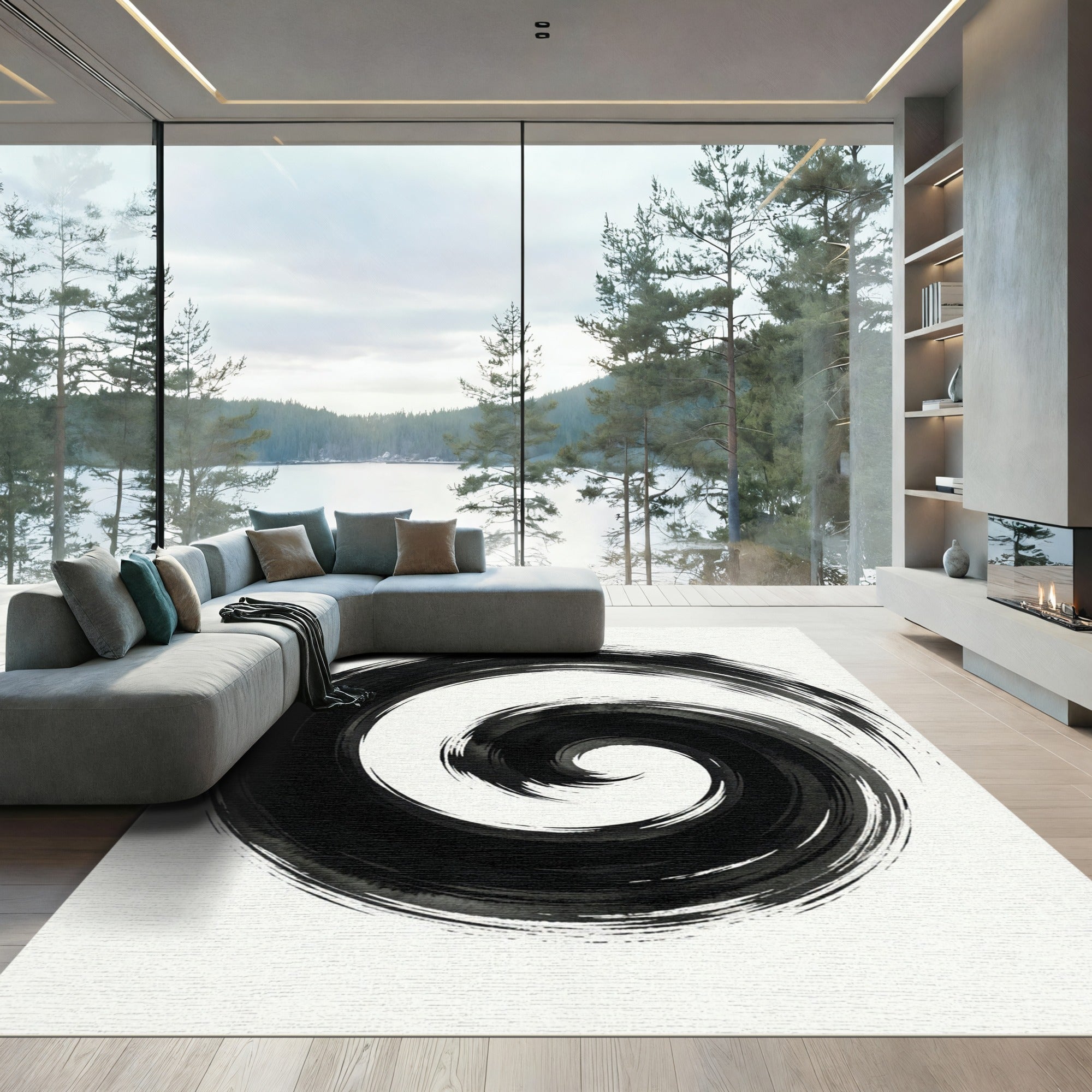Black Ink Brush Stroke Swirl Rug