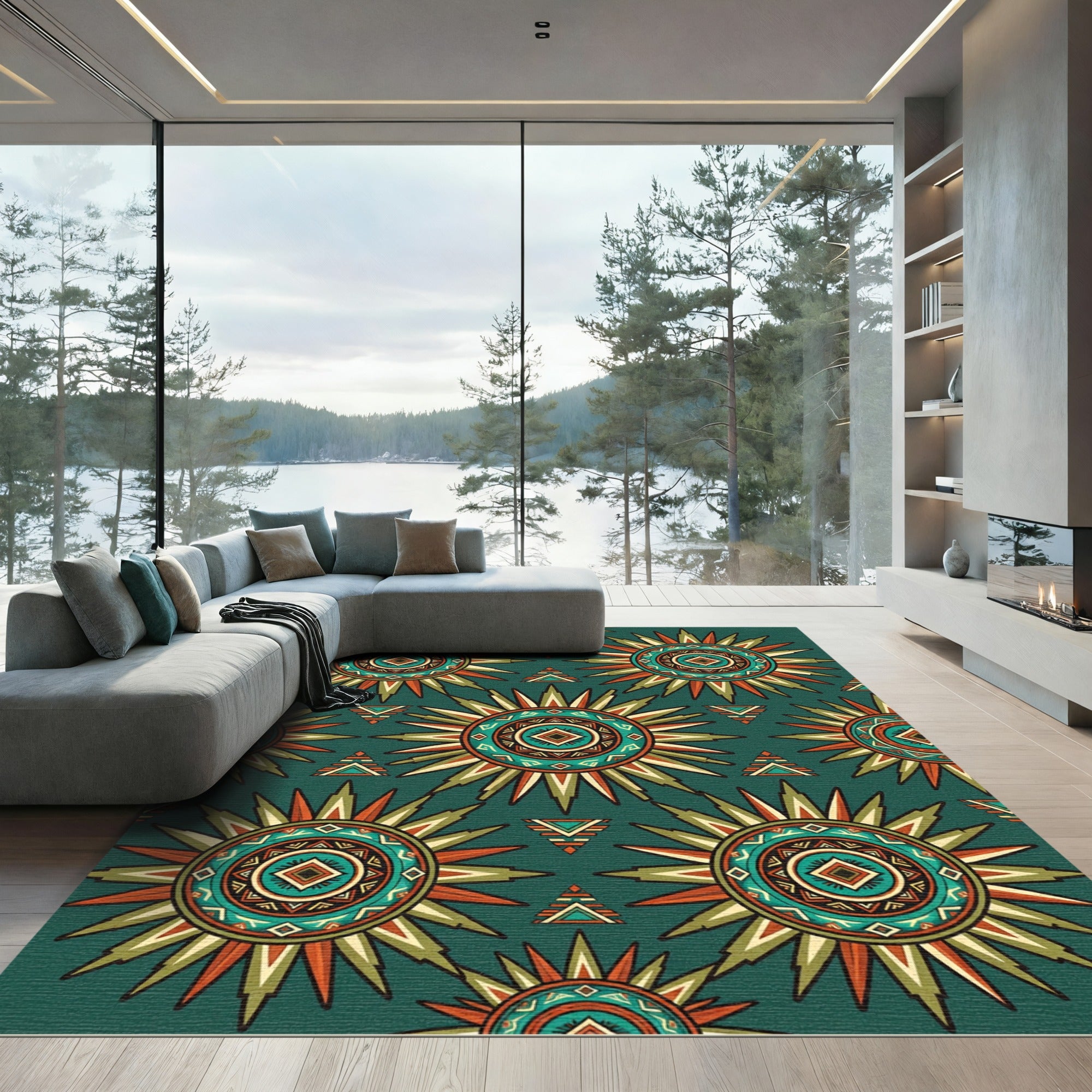 Teal Sunburst Geometric Earthy Medallion Rug