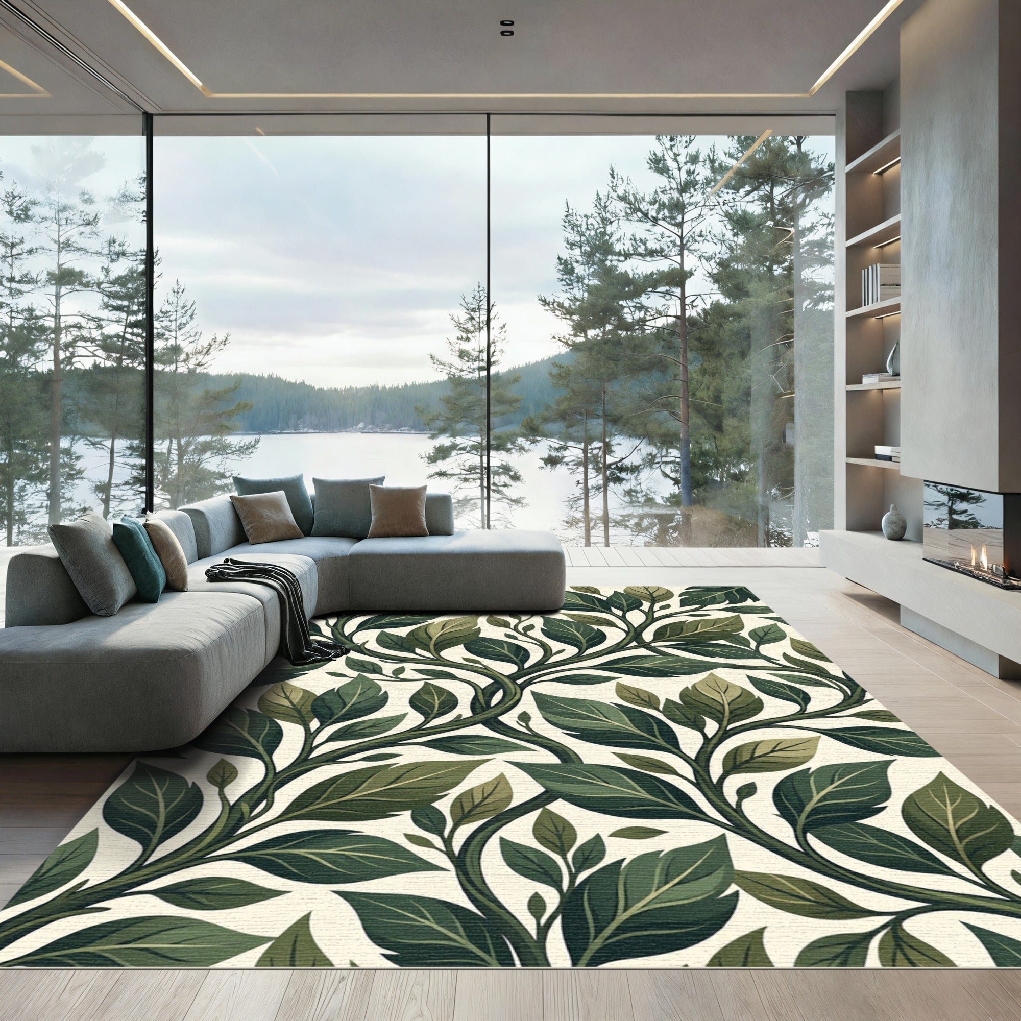 Vibrant Green Leafy Vine Pattern Rug