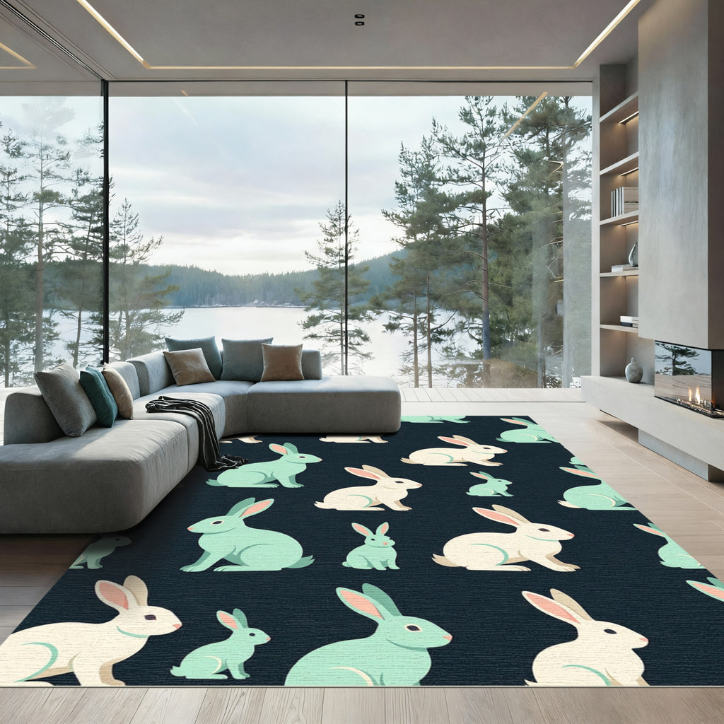 Whimsical Pastel Rabbit Meadow Art Rug