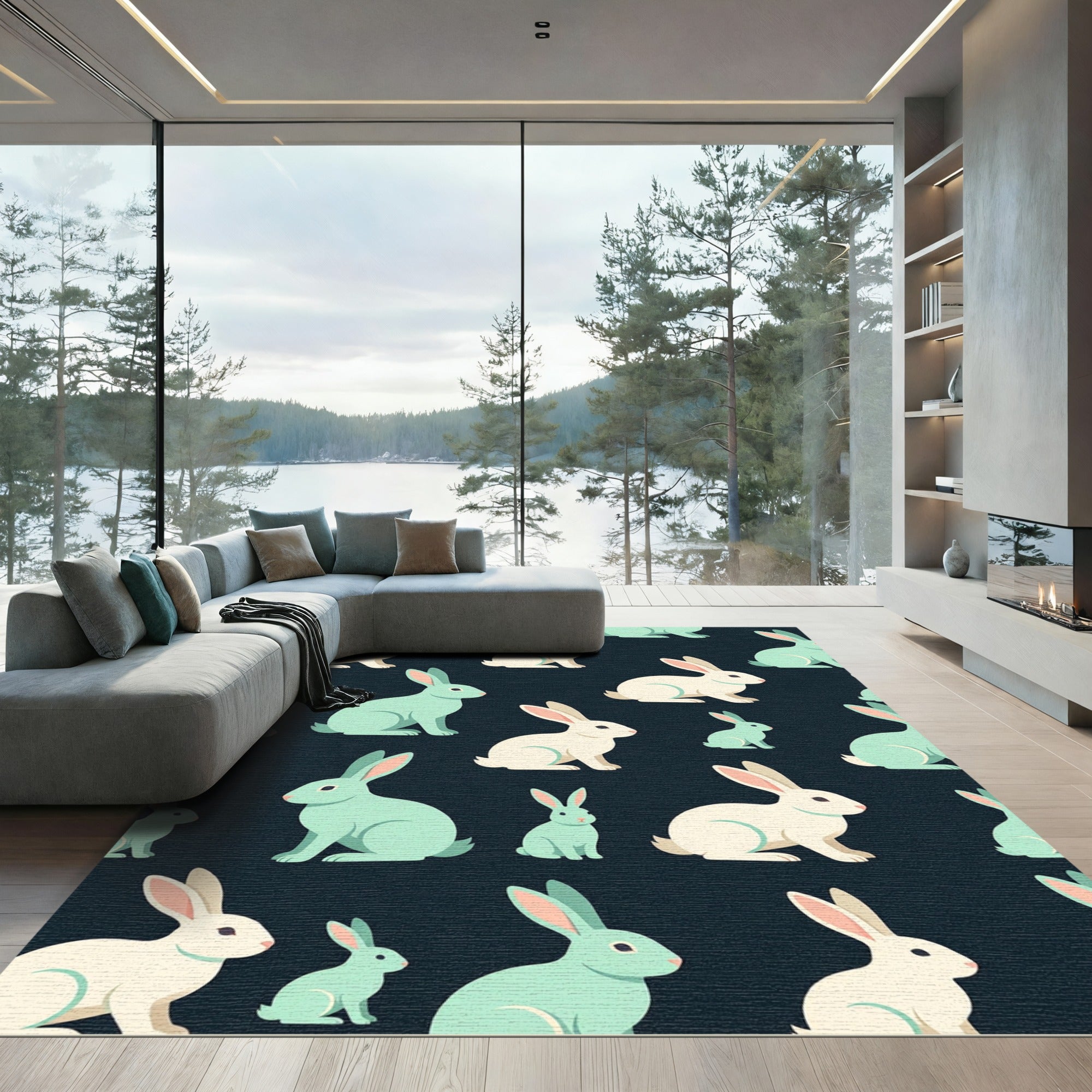 Whimsical Pastel Rabbit Meadow Art Rug