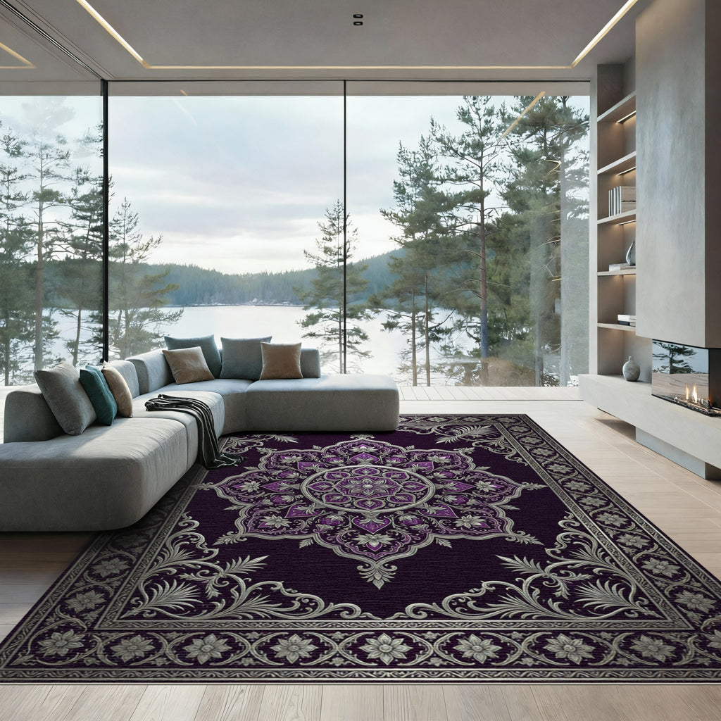 Ornate Purple Silver Mandala Rug