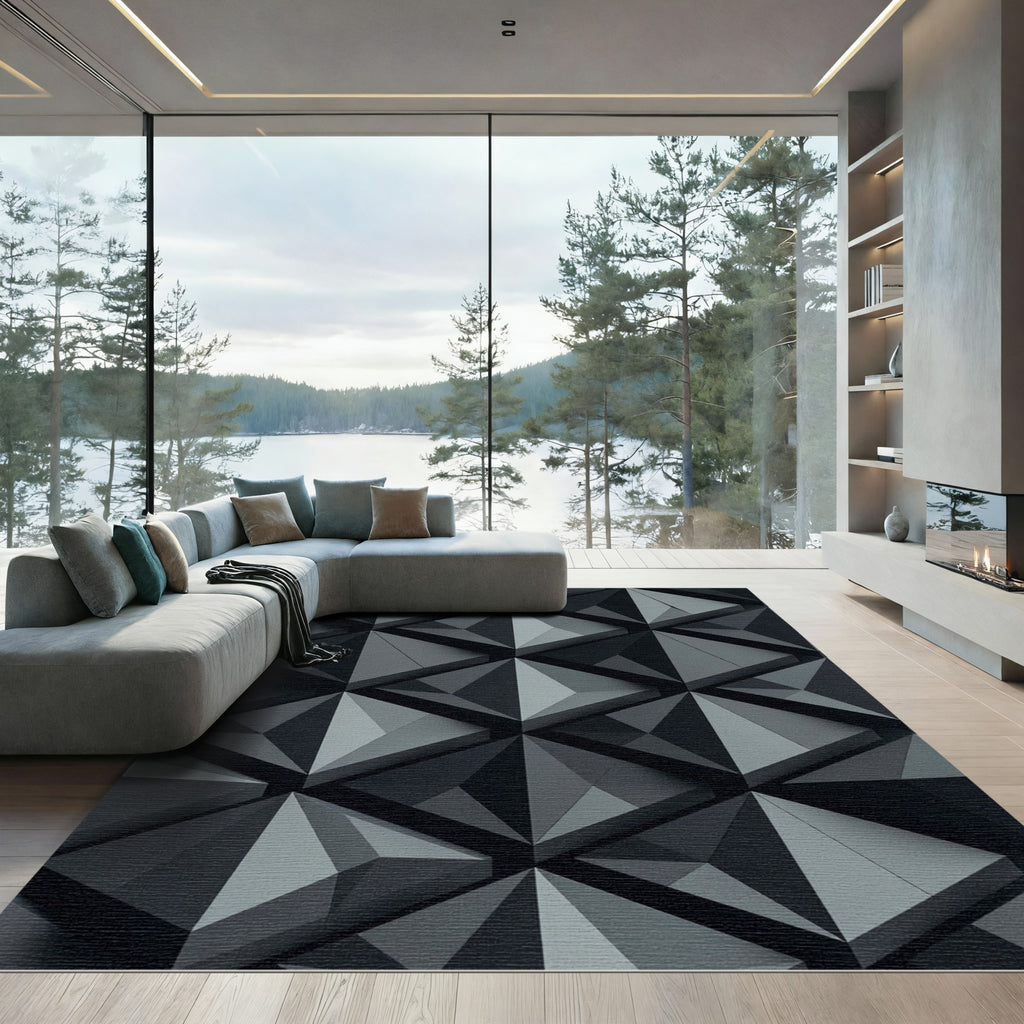 Charcoal Gray Interlocking Geometric Shards Rug
