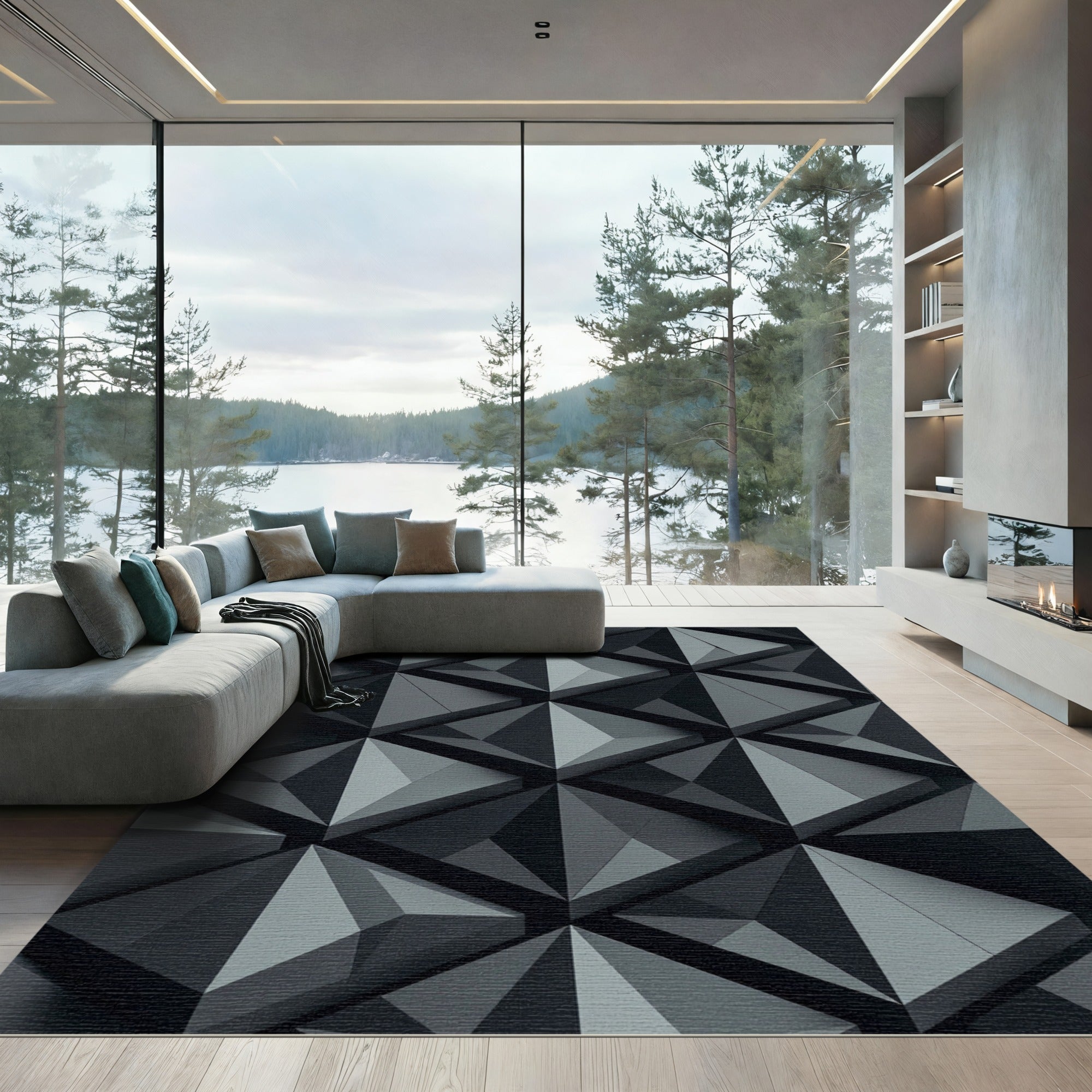 Charcoal Gray Interlocking Geometric Shards Rug