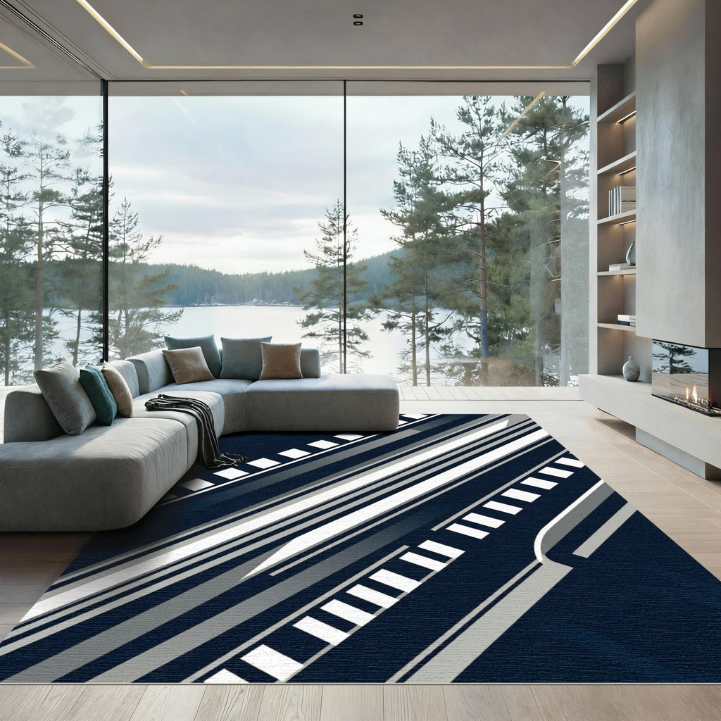 Minimalist Navy Geometric Diagonal Stripe Rug