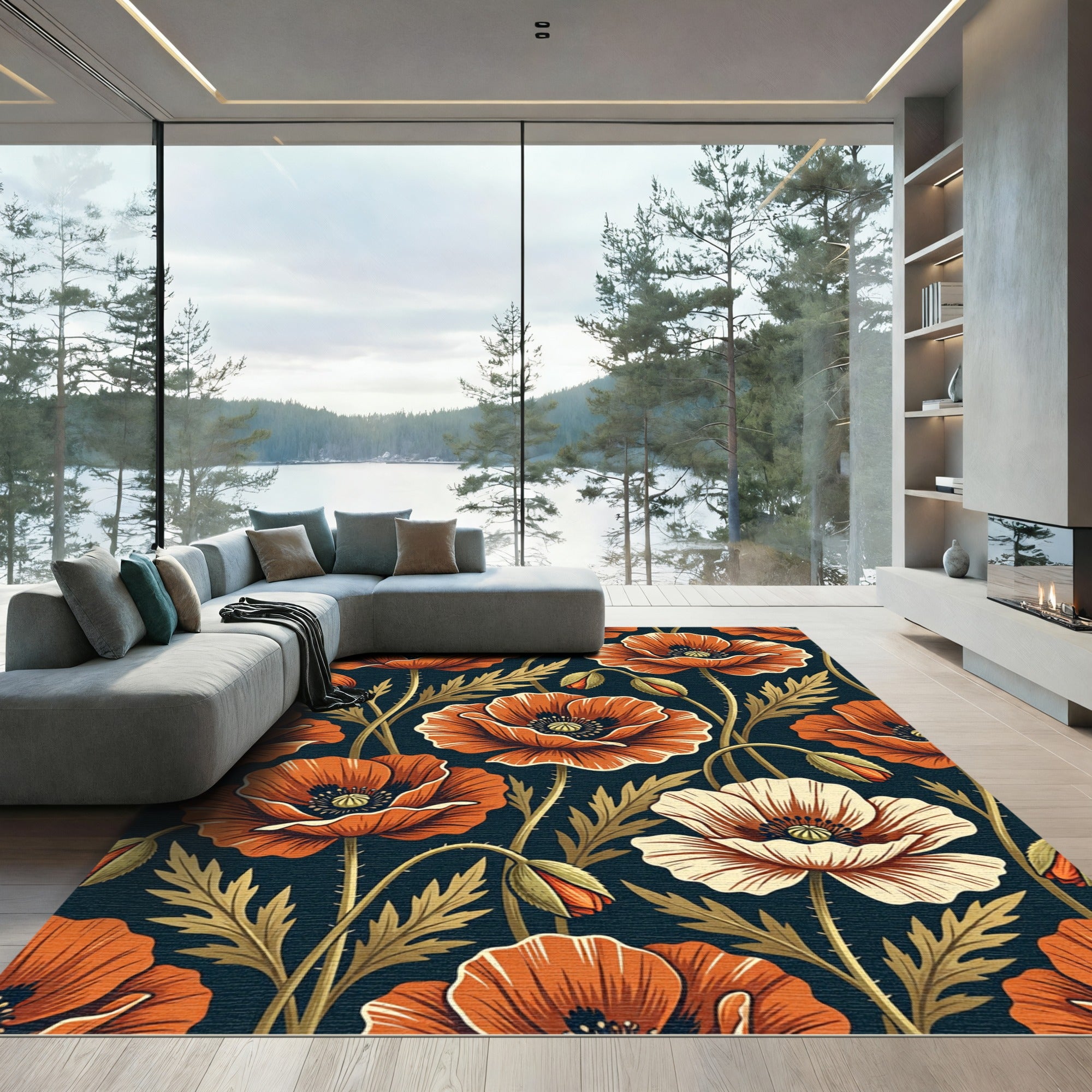 Botanical Poppy Bloom Deep Navy Rug