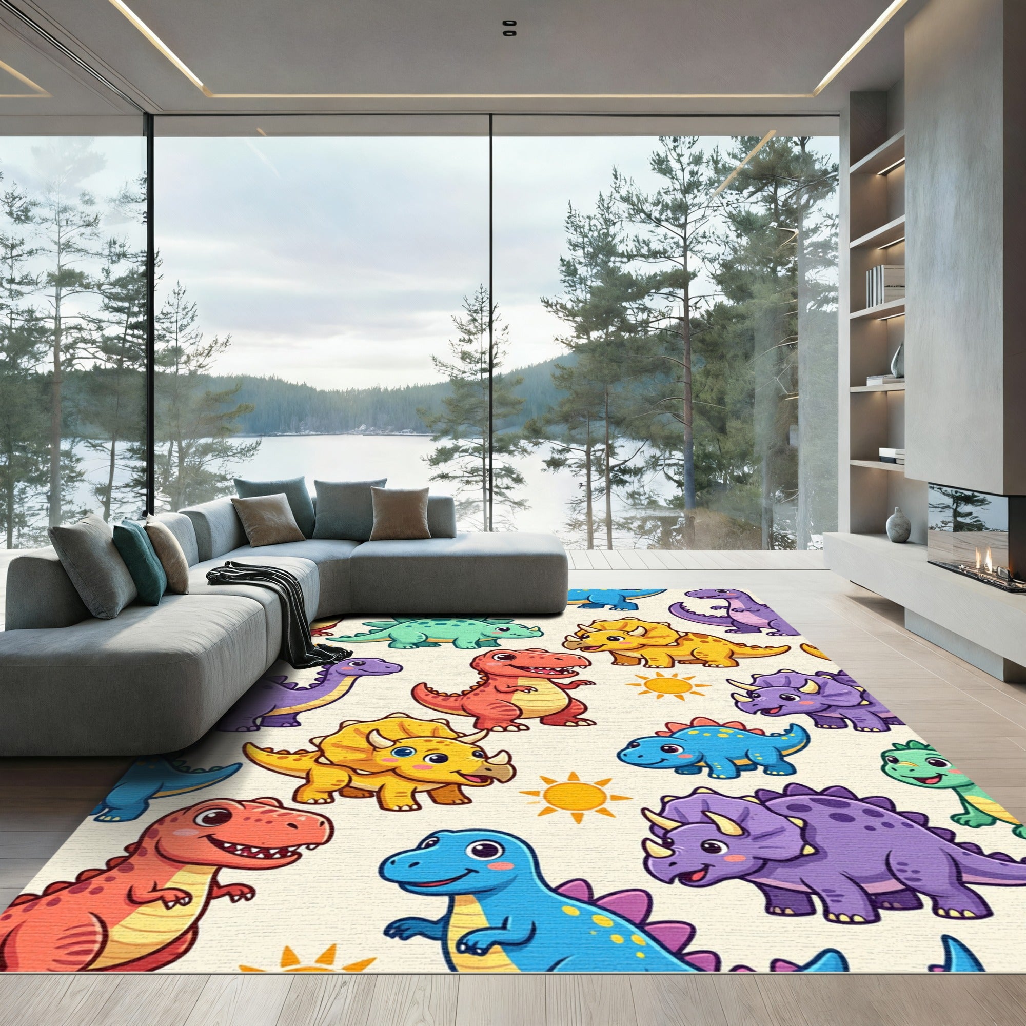 Colorful Playful Dinosaur Animal Cartoon Rug